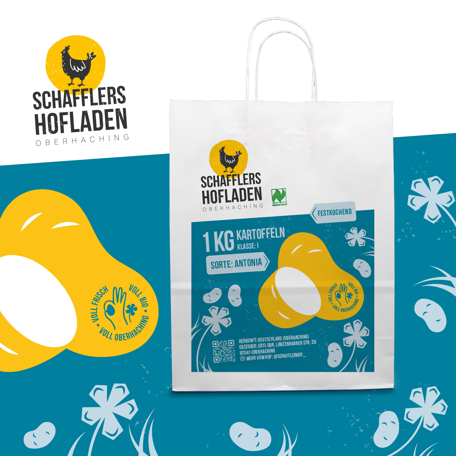 modernes Tütendesign für Kartoffeln (Sorte Antonia) mit Sortendifferenzierung für den Schafflers Hofladen,  illustratives Packaging Design von Stefanie Twellmann