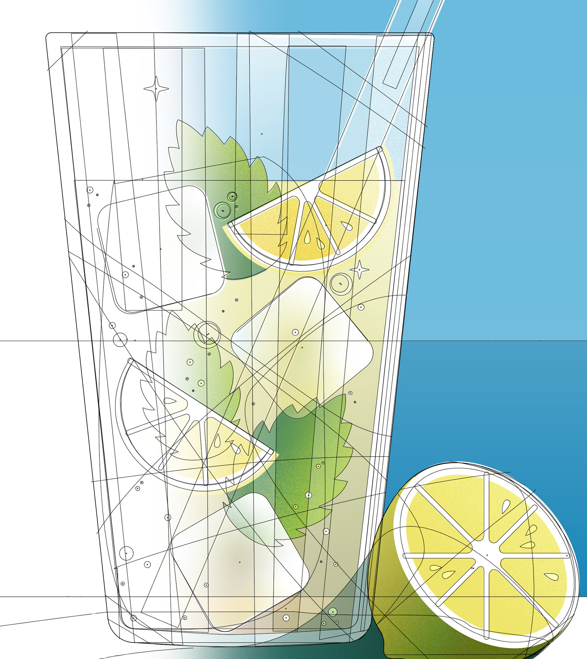 Food & Drink Illustration, Teilausschnitt, Vektoransicht und finales Motiv mit Flächen, Verläufen, Konturen und Strukturen