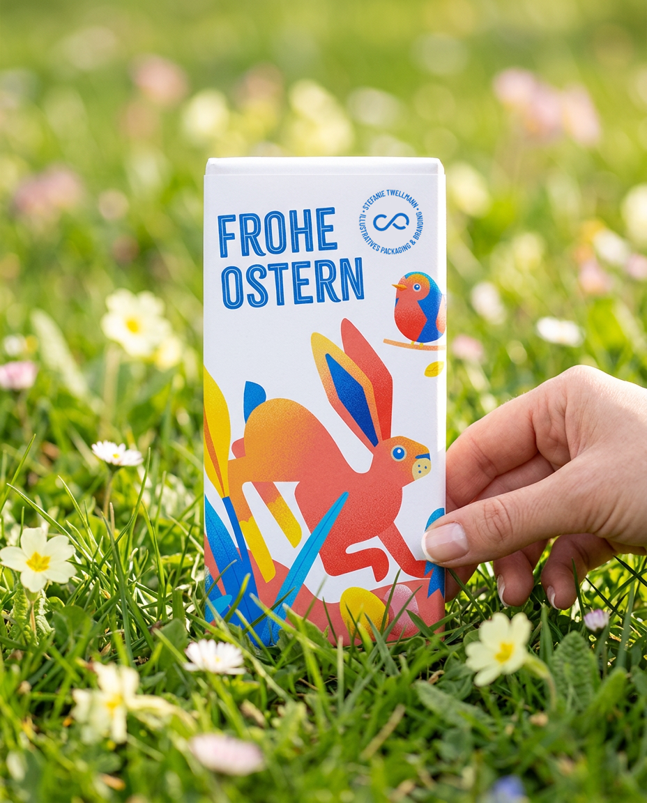 Frohe Ostern – Schokoladentafel Design, süßer Ostergruß in Form einer illustrativen Banderolen-Gestaltung für eine Tafelschokolade, Mock up