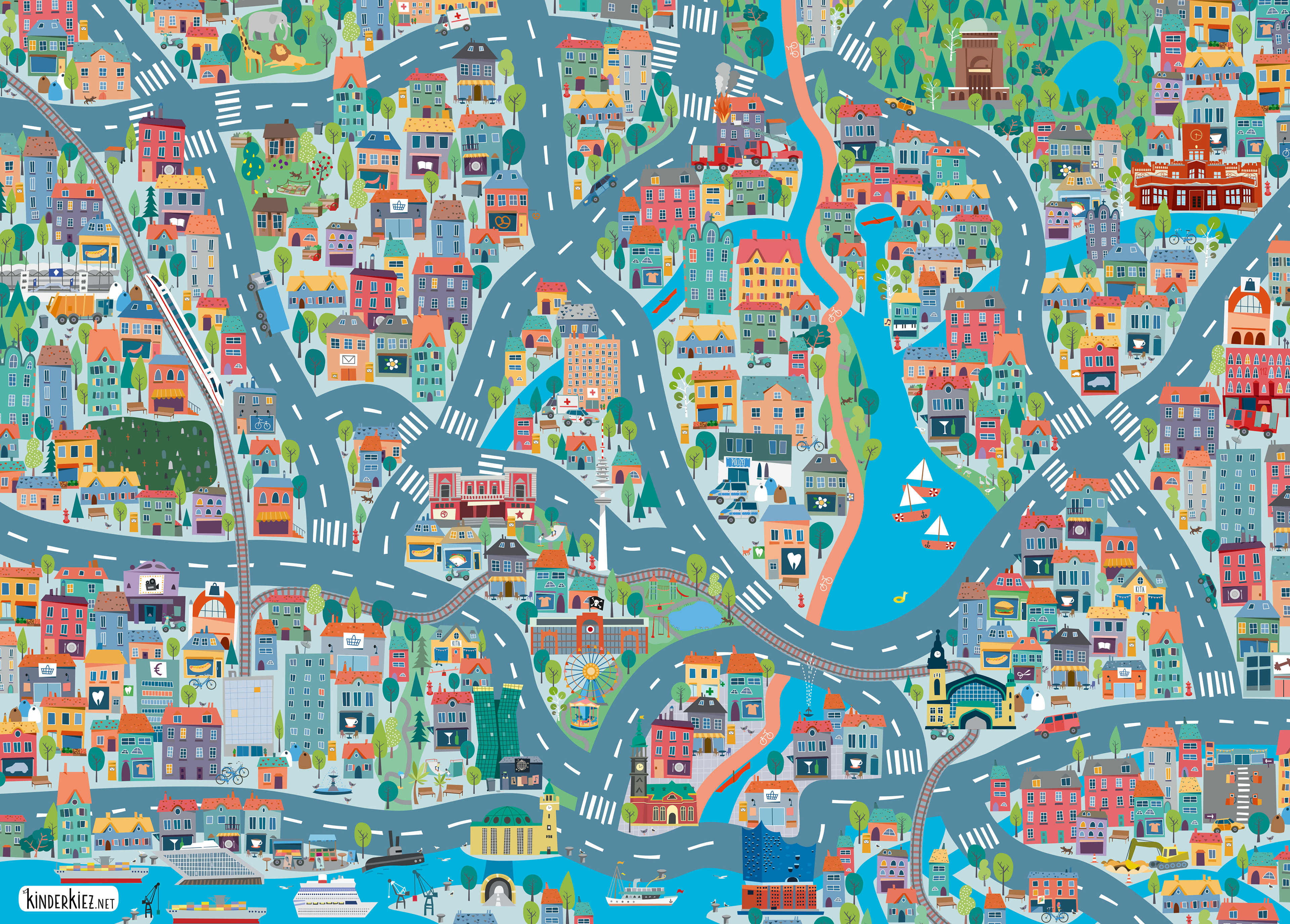 Illustrierter Spielteppich – ganz Hamburg aus Kinderaugen, Vektorillustrationen, Design, final Artwork von Stefanie Twellmann