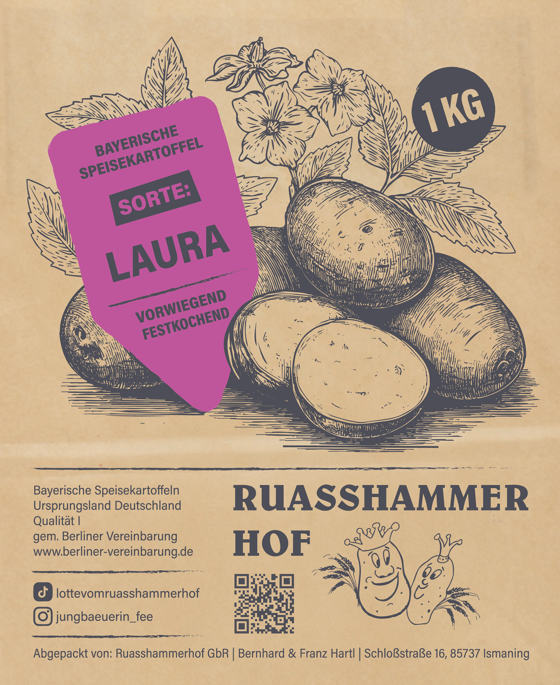 Sorte Laura: plano Layout mit Sortendifferenzierung über Farbe und individueller Kartoffelpflanzen Illustration, Stefanie Twellmann, Hamburg