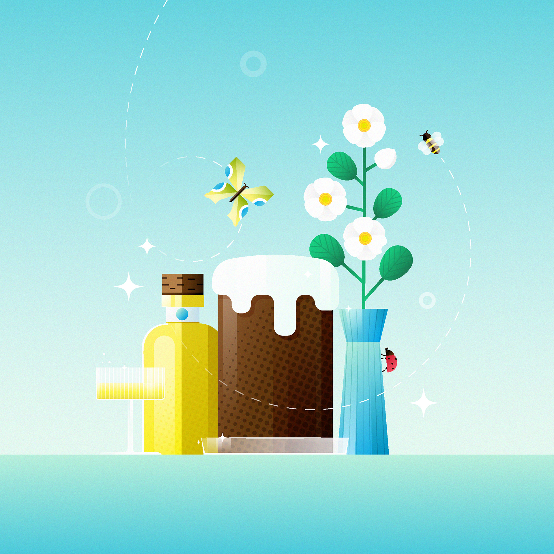 Vektorillustration von Stefanie Twellmann, Grafik und Illustration, Hamburg zeigt ein Motiv mit Kuchen, Blütenzweig, Eierlikör in Flasche und Glas und Insekten wie Biene, Schmetterling und Käfer. Das Motiv ist hell und frühlingshaft. Die Illustration im Flat-Style und mit Strukturen versehen