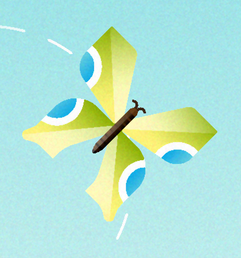 Die Abbildung zeigt einen Teil der Illustration als Pfadansicht, schwarze, feine Vektoren-Linien zeigen teilweise das Gerüst der final farbigen Motiv Illustration, einen Schmetterling