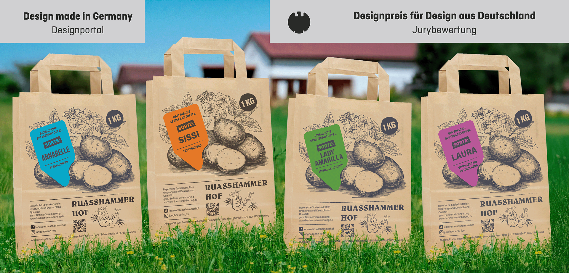 Designpreis für Design aus Deutschland von der Jury von Design made in Germany für illustratives Verpackungsdesign für Kartoffel-Tüten, Kunde: Ruasshammer Hof, von Stefanie Twellmann, Hamburg