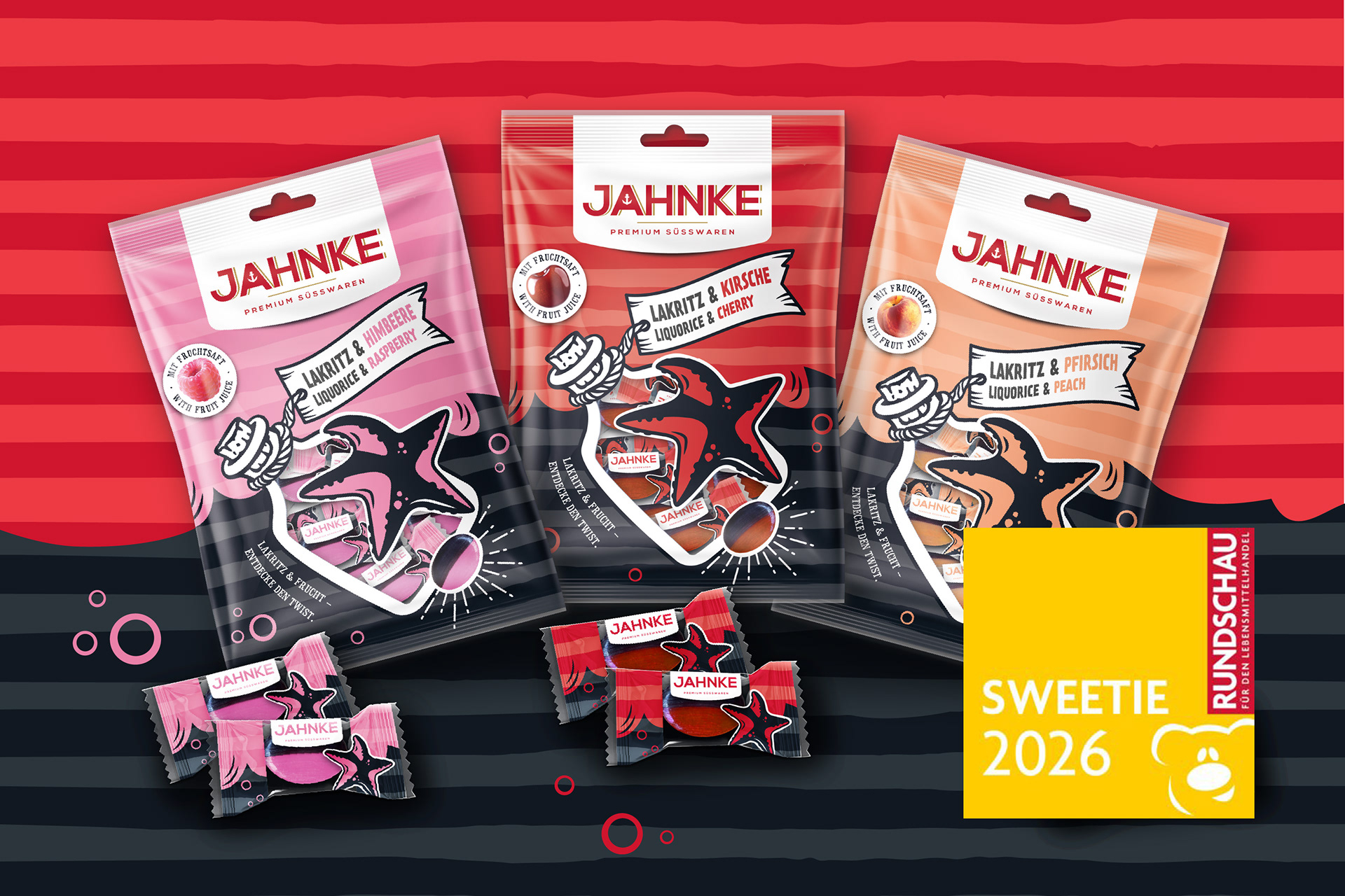 Gewinner Packaging Design in der Kategorie Lakritz, prämiert mit dem SWEETIE-Award 2026, verantwortliche Designerin: Stefanie Twellmann · Illustrative Designering für Packaging und Branding aus Hamburg