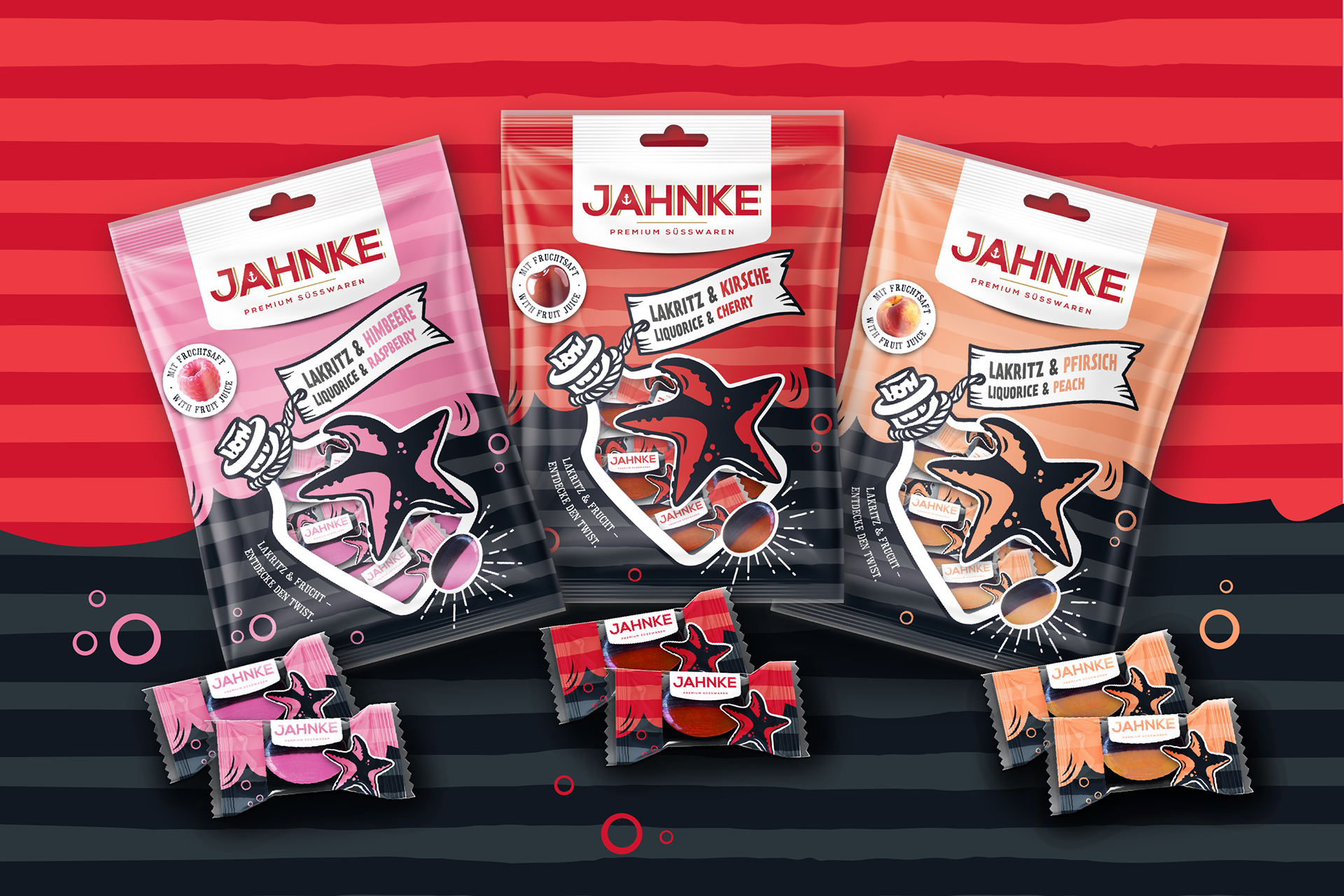 Packaging Design für das Neuprodukt Jahnke Lakritz & Frucht im Auftrag von Cavendish & Harvey, verantwortliche Designerin: Stefanie Twellmann, Hamburg