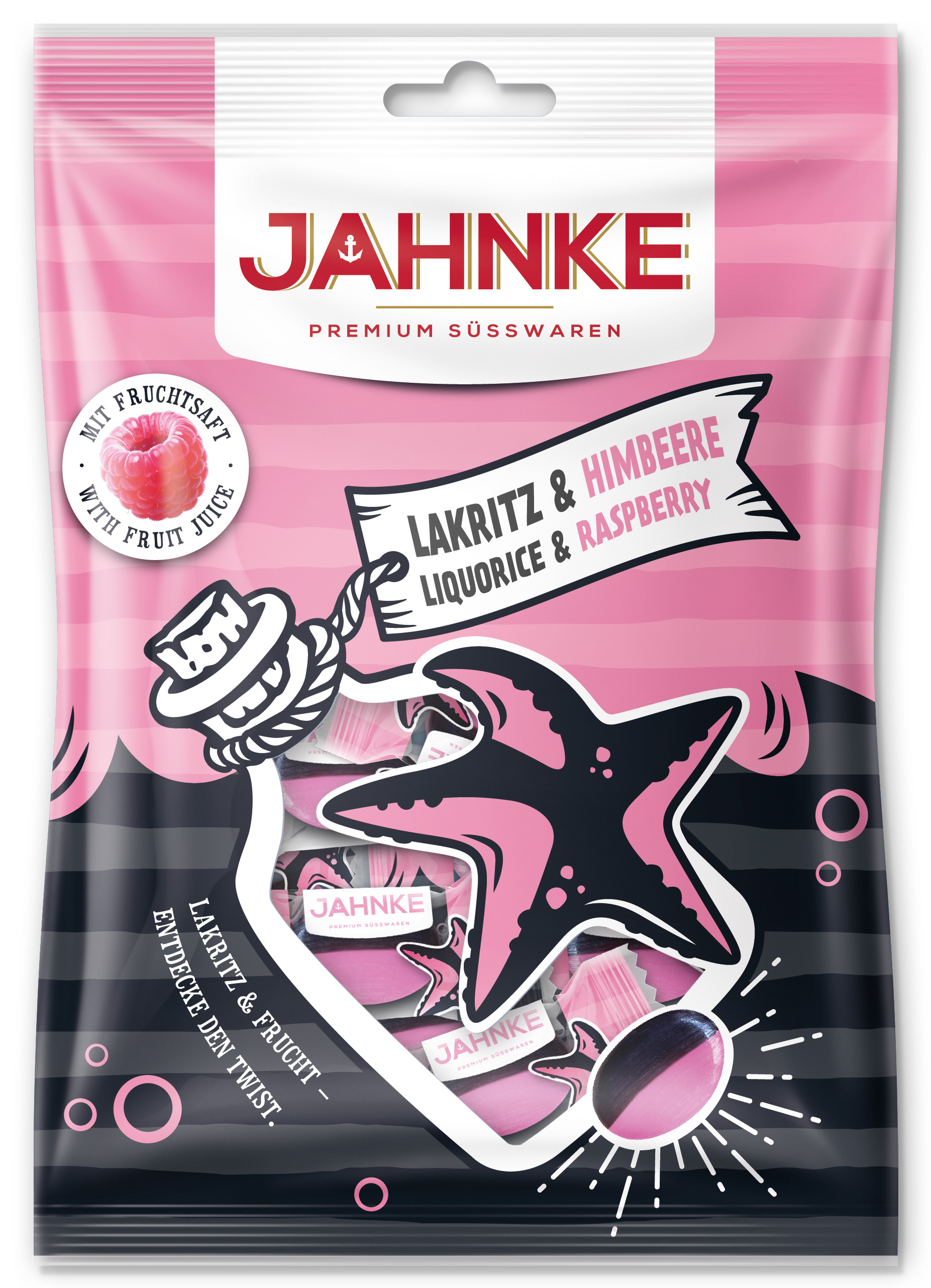 Jahnke Süßwaren Verpackungsgestaltung für die Sorte Lakritz & Himbeere, Beutel Vorderseite, illustratives Packaging Design von Stefanie Twellmann, Hamburg