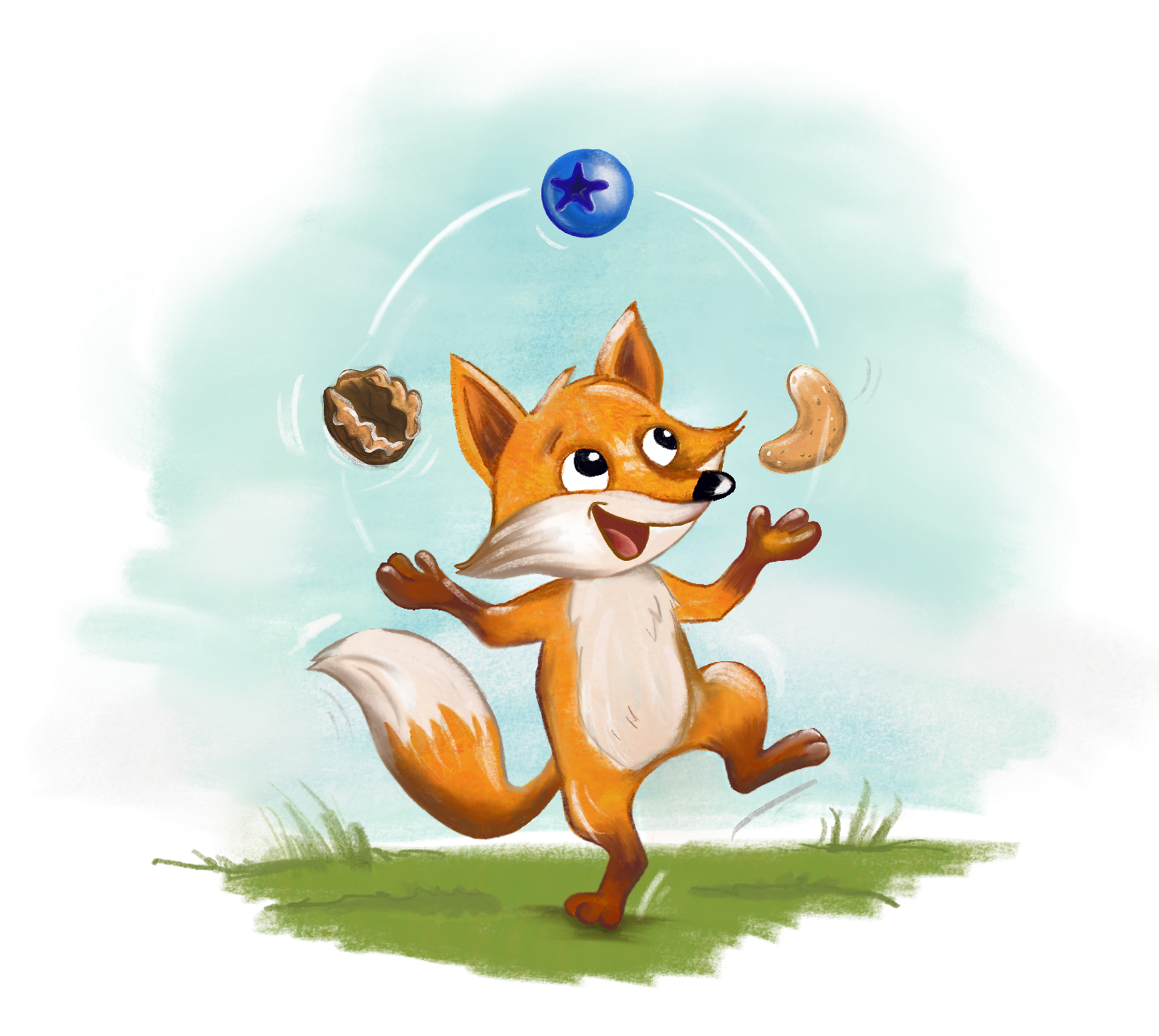 colorierte Version, Fuchs-Charakter, ein stehender Fuchs, der Nüsse und Beeren jongliert