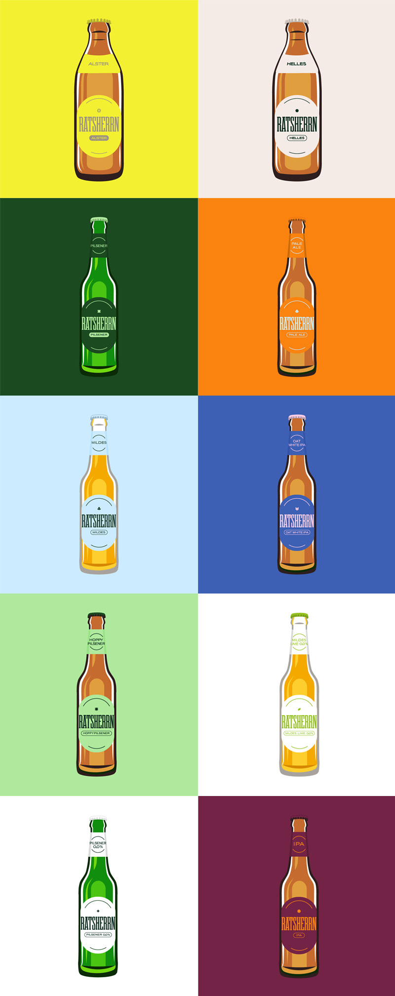 Produkt Illustrationen von Stefanie Twellmann für das Rebranding der Ratsherrn Brauerei. Illustriert wurden 10 Flaschenbiere in bunten Farben im neuen Design.