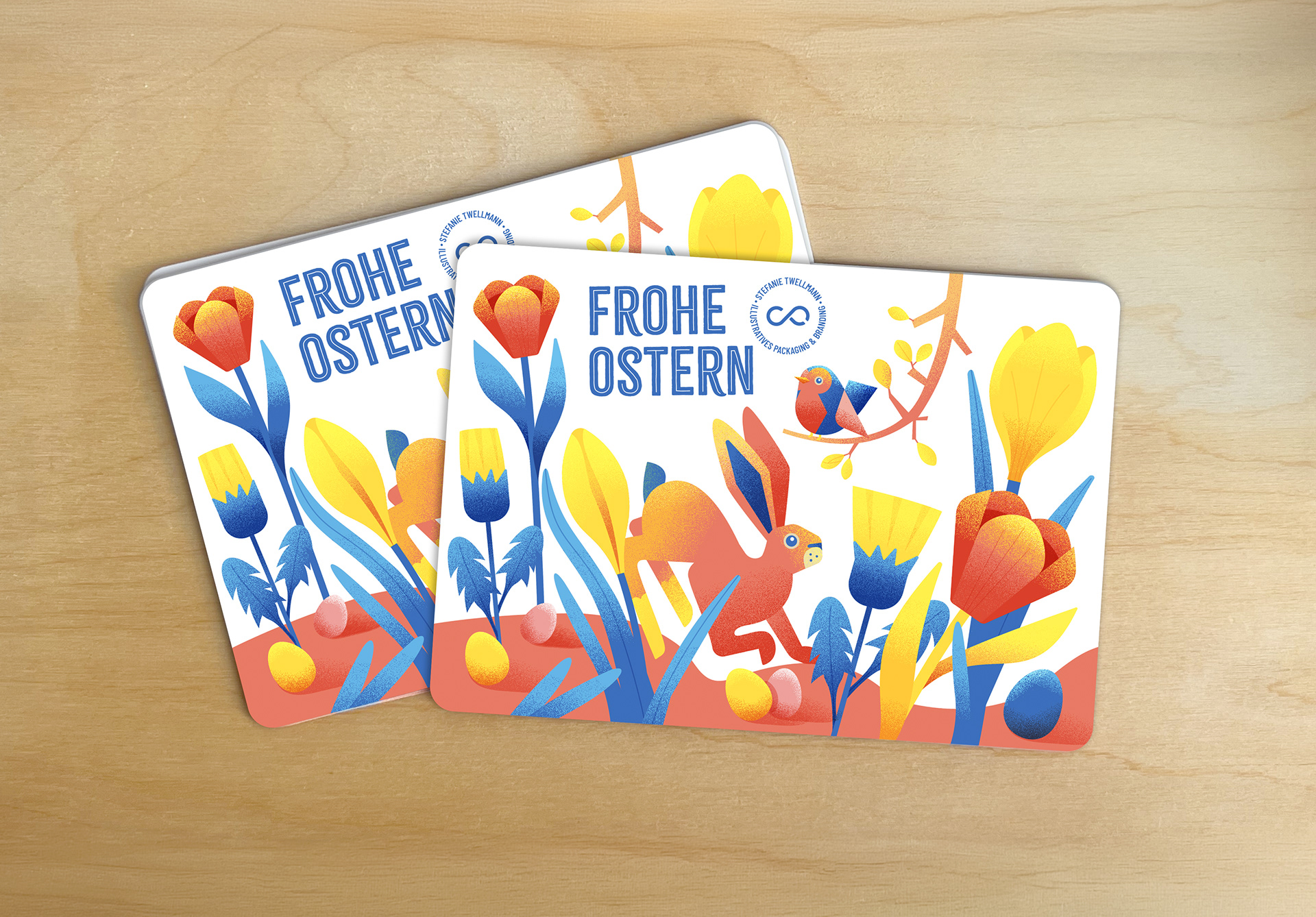 Foto-Abbildung der Oster-Postkarten mit aus der Banderole adaptierten illustrativen Gestaltung 