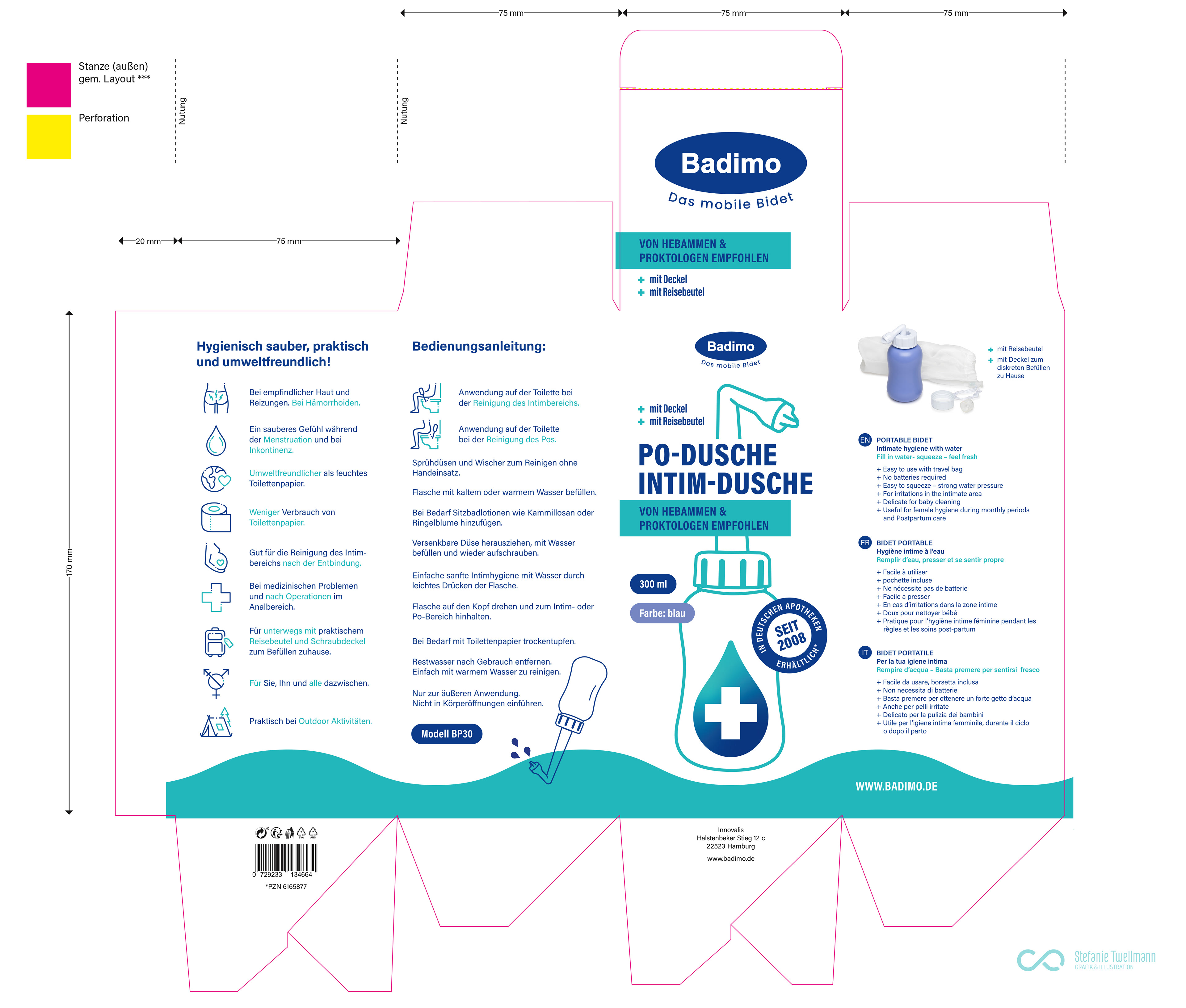 Plano Gestaltung einer Karton Verpackung für ein Hygieneprodukt , Gestaltung und Umsetzung von Stefanie Twellmann, Grafik und Illustration, Hamburg