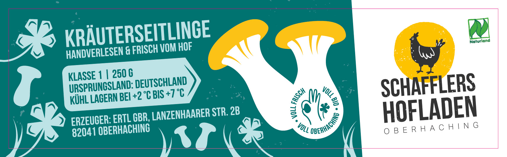 Plano-Layout des Pilz-Etiketts, illustratives Design von Stefanie Twellmann für den Schafflerhof