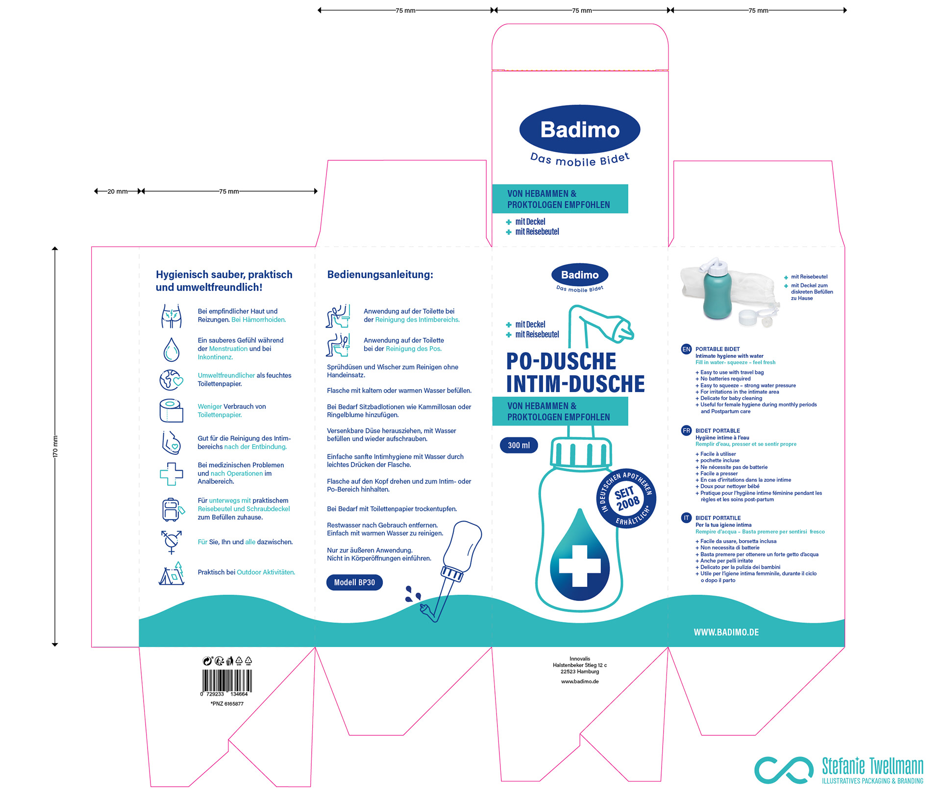 Planolayout auf Faltschachtel für das Verpackungsdesign von Badimo