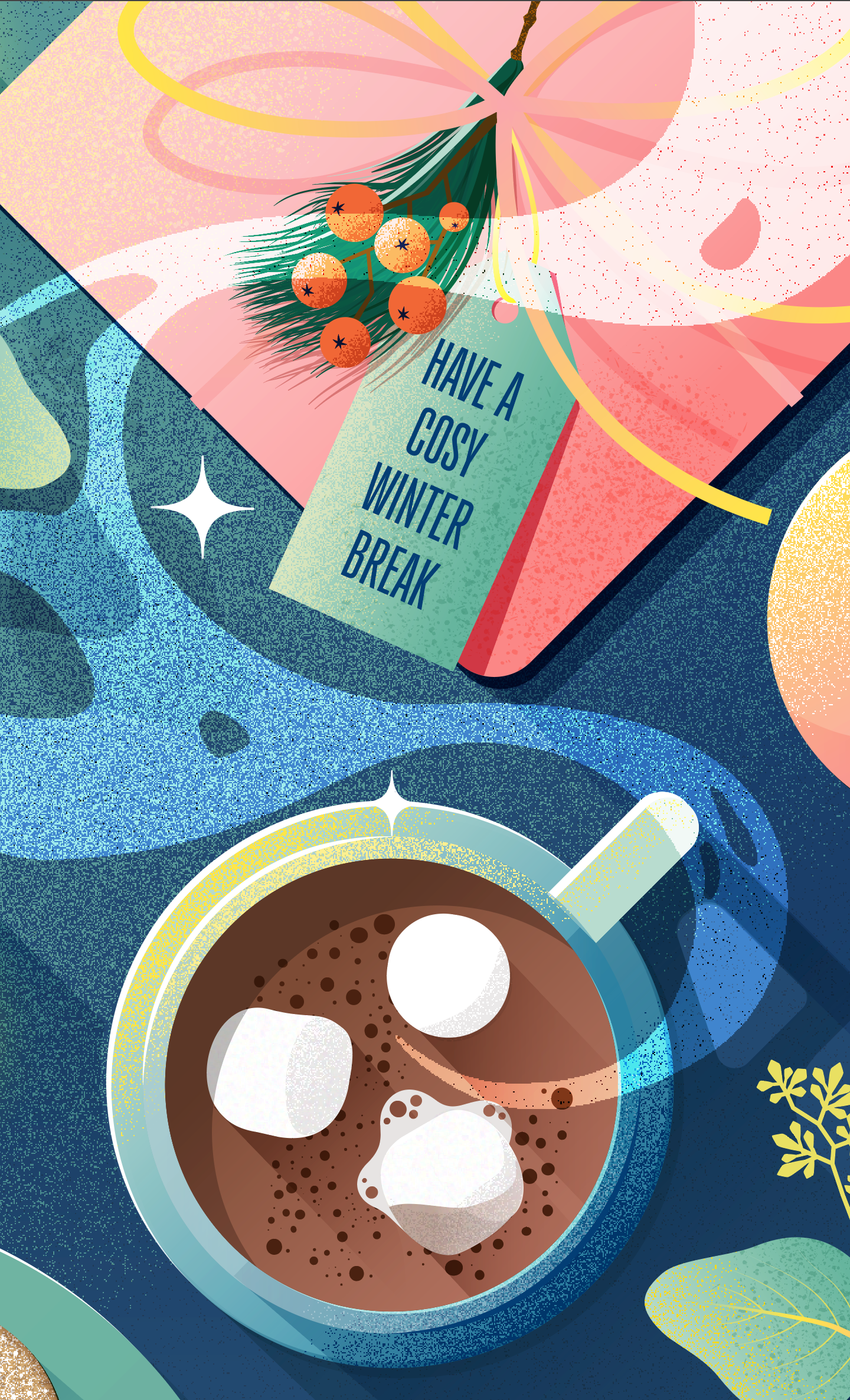 Winter Break Motiv, Teilausschnitt mit heißer Schokolade und Geschenk mit Grußkarte, Stefanie Twellmann, Hamburg