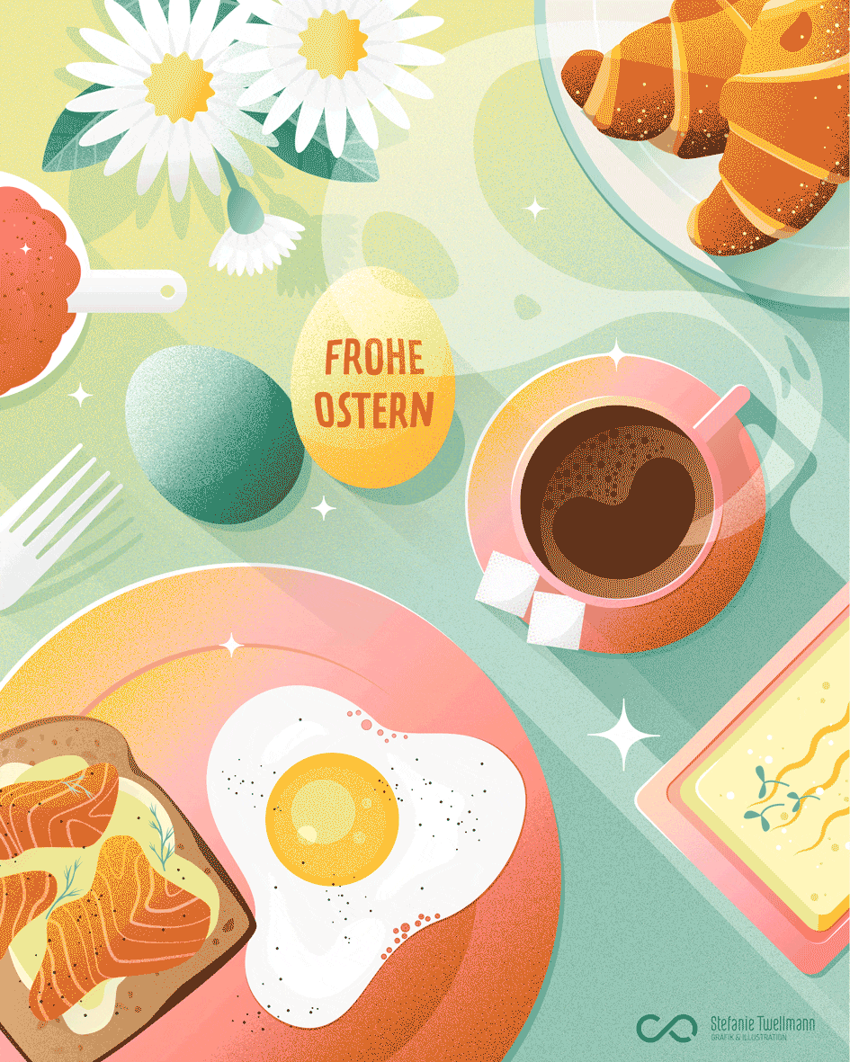 von Stefanie Twellmann, illustrative Branddesignerin aus Hamburg // Vektorillustration, Osterbrunch-Motiv, animierter Ostergruß,