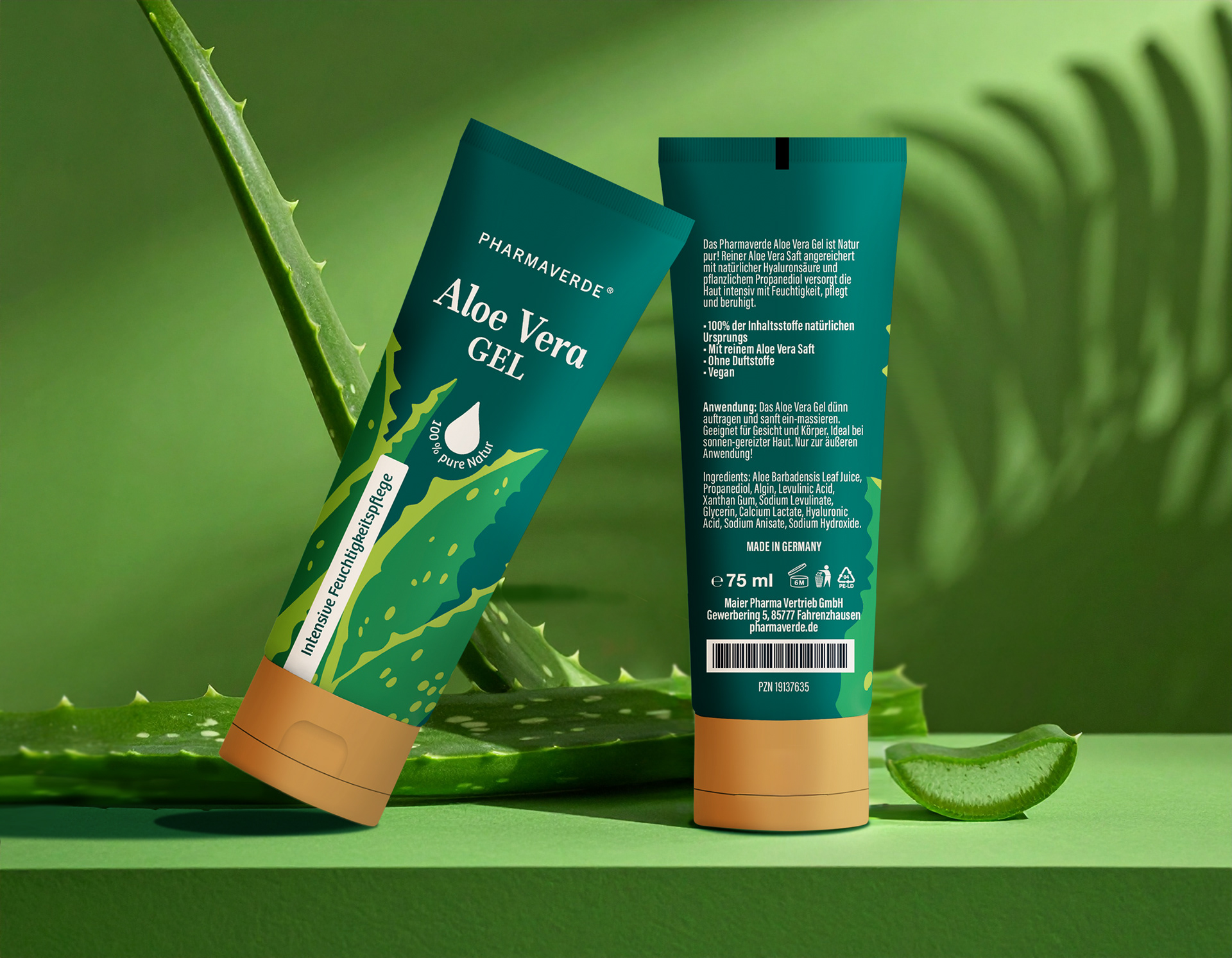 Relaunch Packaging Design, Aloe vera Gel für Maier Pharma, Brand Pharmaverde, Abbildung des Konzeptdesign BOTANICAL POWER AND LIFESTYLE für eine Standtube, alle Rechte bei Stefanie Twellmann, illustratives Packaging Design