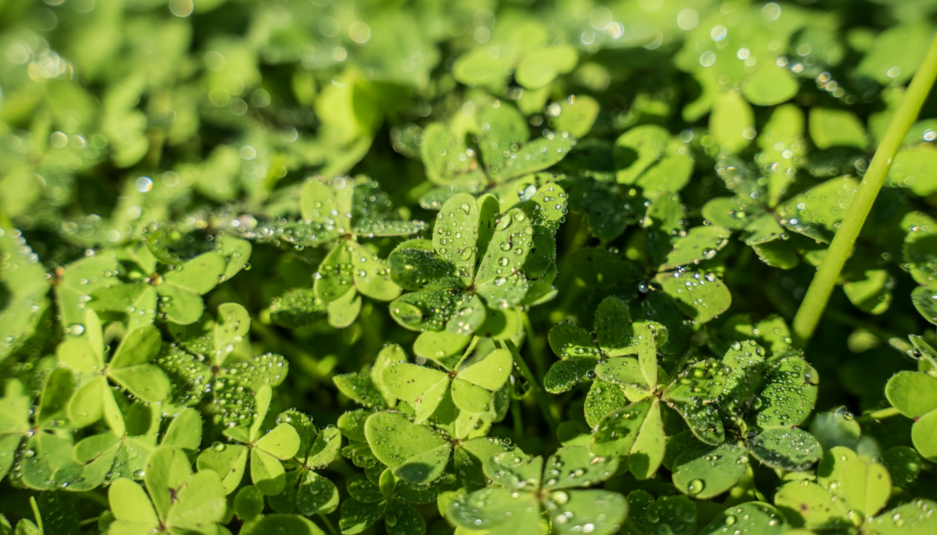 Fotoabbildung einer Kleegras-Wiese mit Tautropfen im morgendlichen Sonnenschein