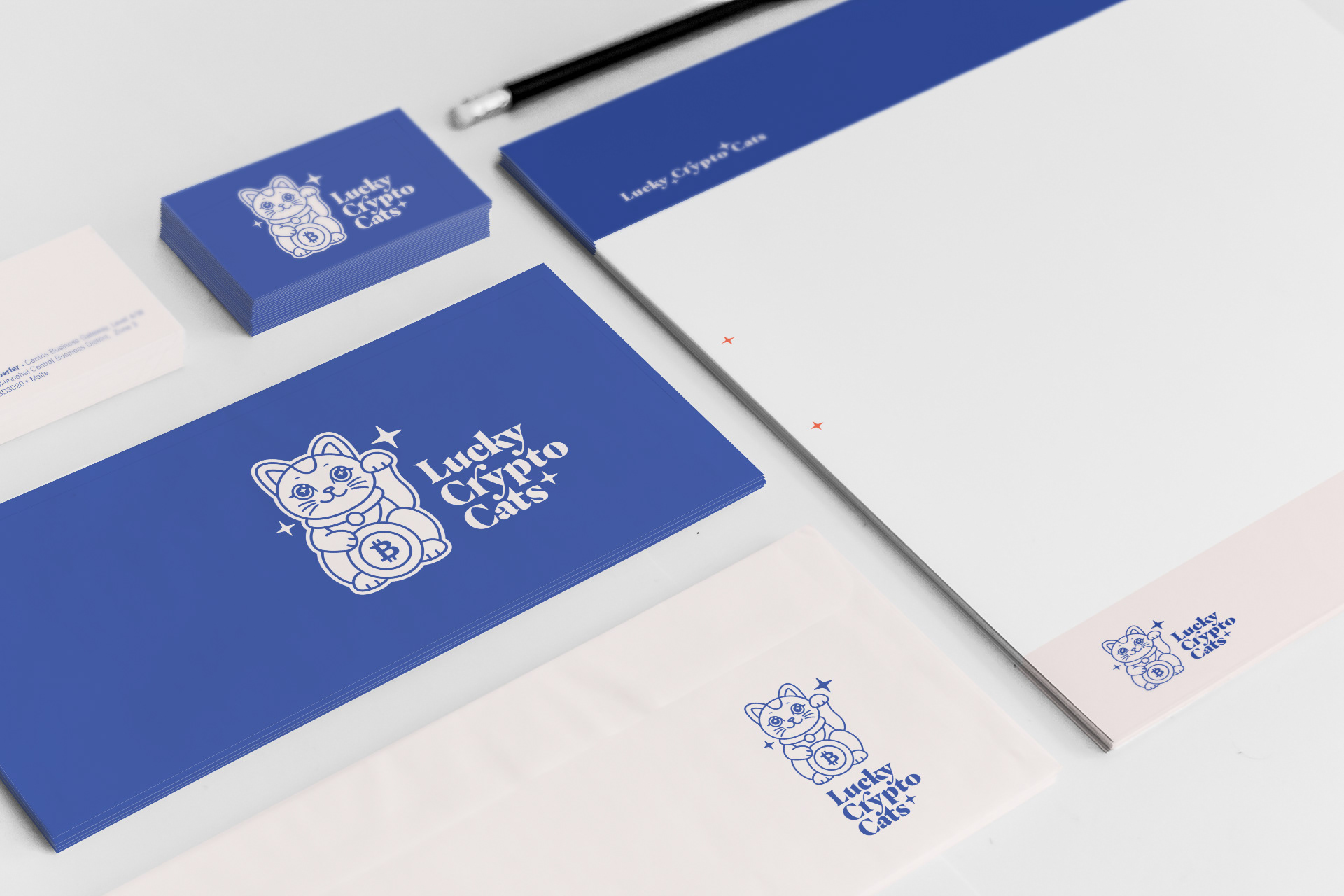 Briefbogen-, Umschlag- und Visitenkarten-Gestaltung, Logovarianten für Crypto Lucky Cats, illustratives Markendesign von Stefanie Twellmann, Hamburg