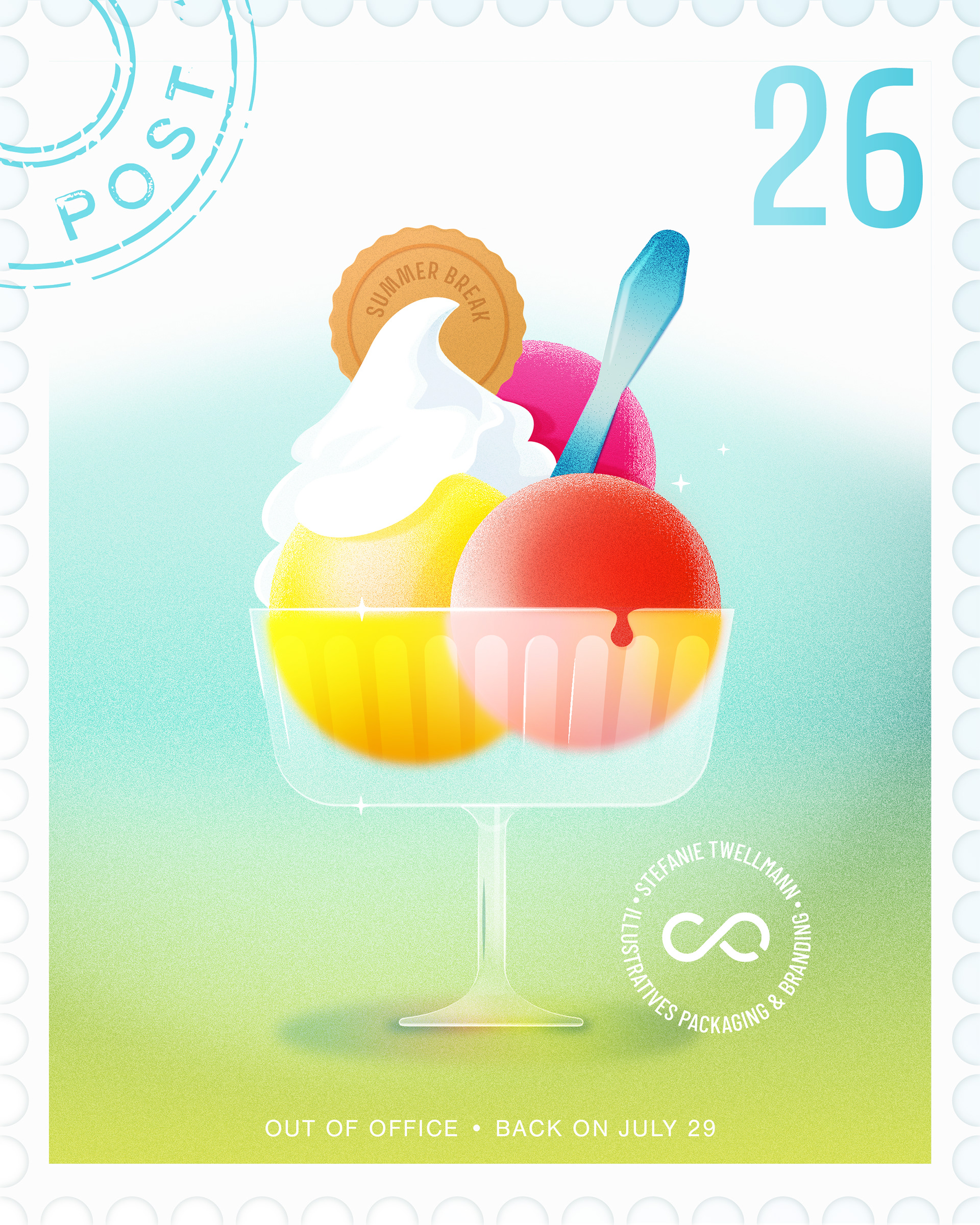Illustration eines Eisbechers zur Sommerpausen-Ankündigung und Urlaubsgruß von Stefanie Twellmann als vektorbasiertes Motiv in pastelligen Farbtönen konzipiert und umgesetzt.