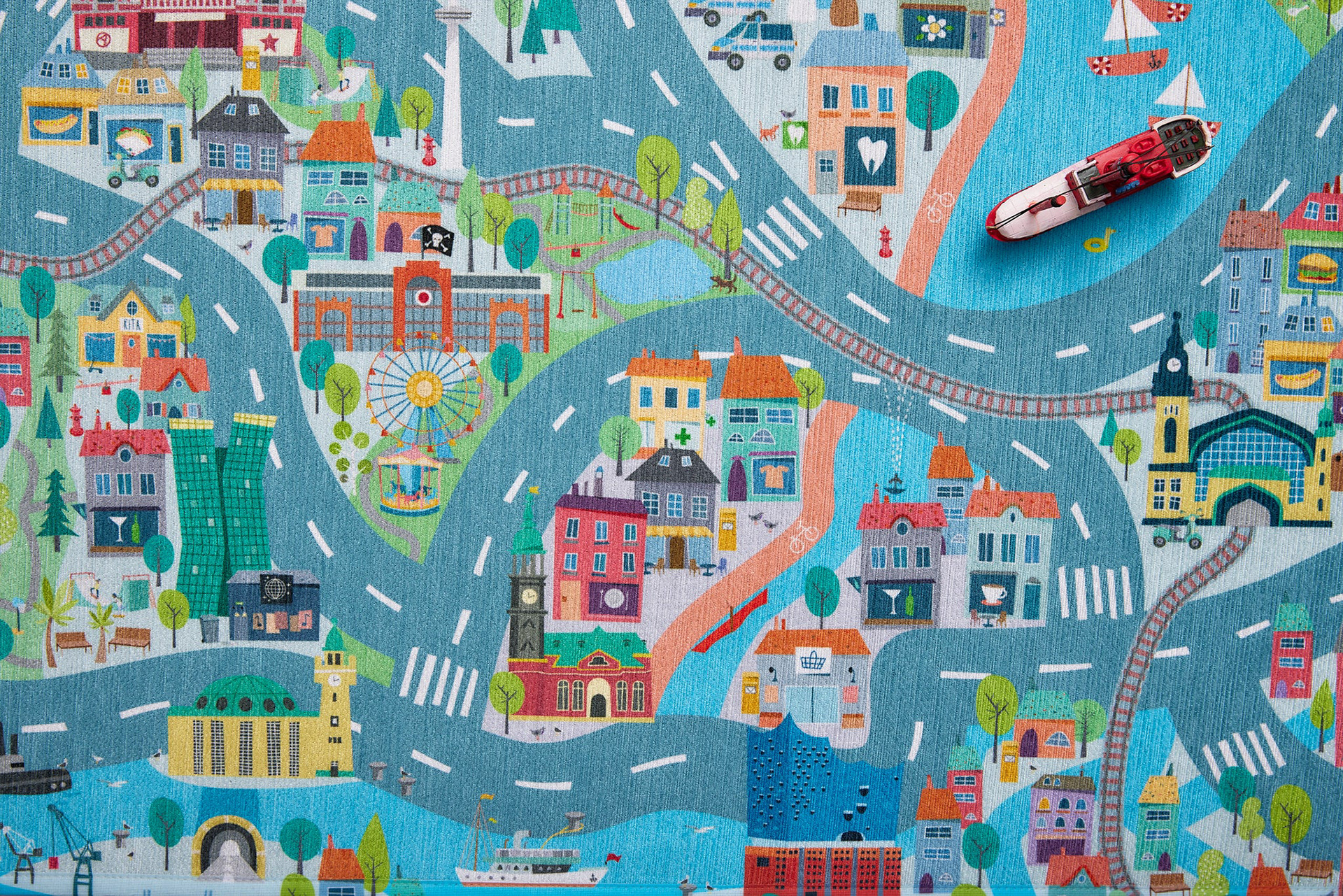 Illustrierter Spielteppich – ganz Hamburg aus Kinderaugen, Vektorillustrationen, Design, final Artwork von Stefanie Twellmann