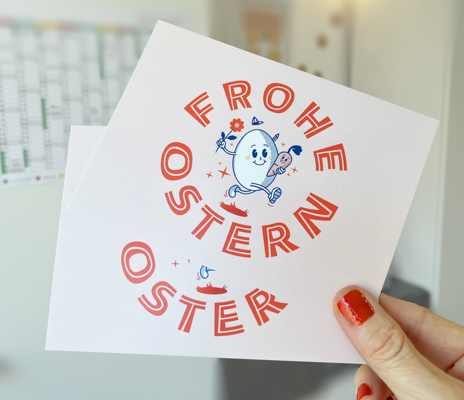 Foto von zwei Postkarten, die zeigen das Ostermotiv, Illustration und grafische Umsetzung von Stefanie Twellmann, Grafik und Illustration, Hamburg