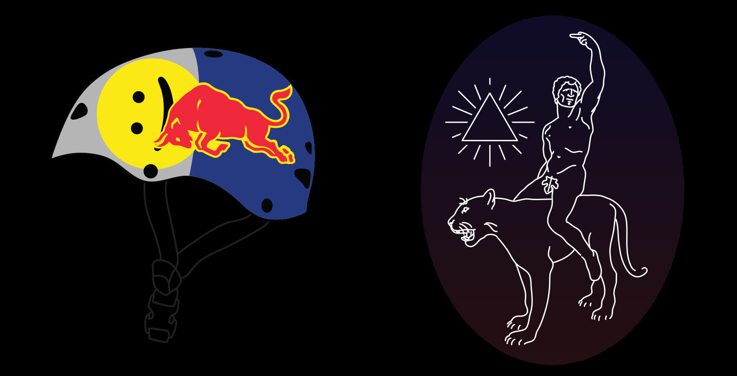 various illustrations including a red bull helmet, a man riding a panther, a man fighting a crocodile and a classically inspired woman