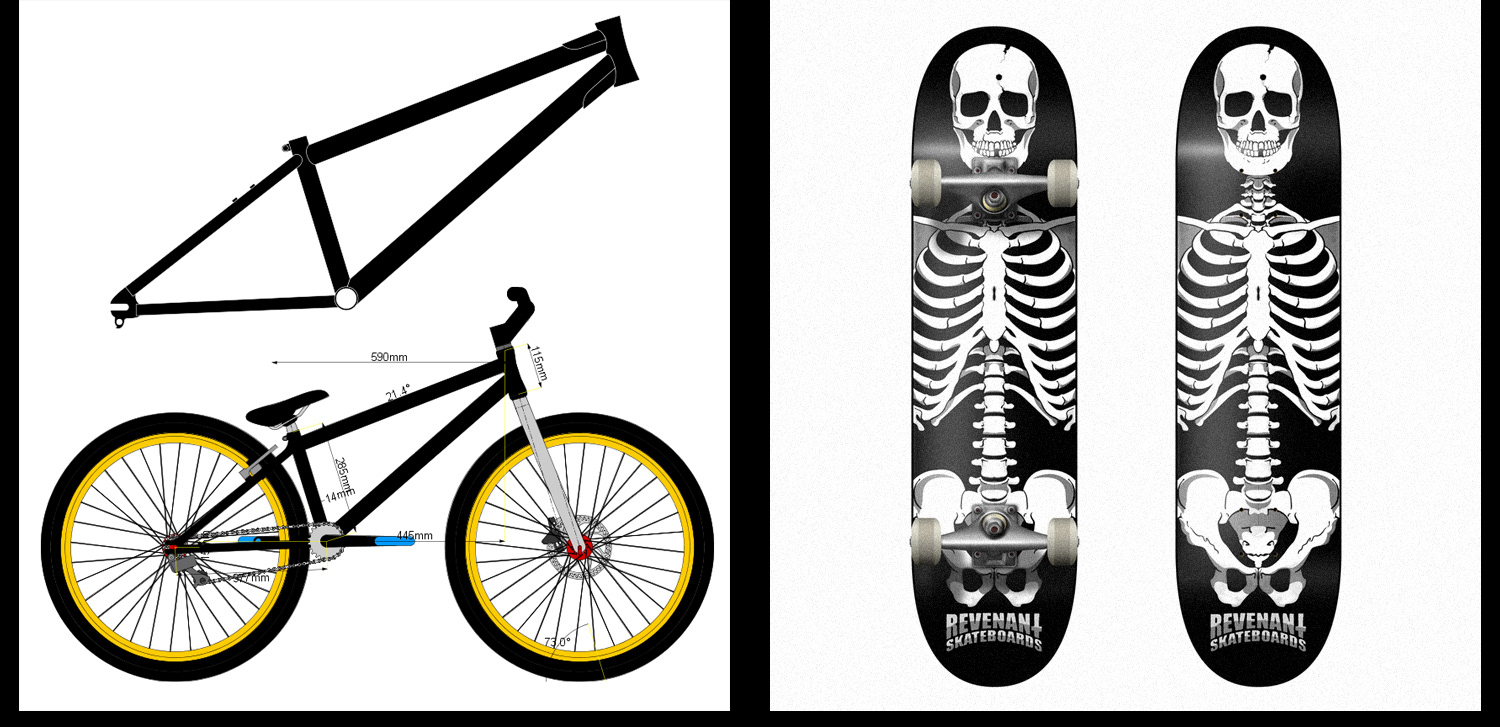 illustrations of a bicycle and skateboards