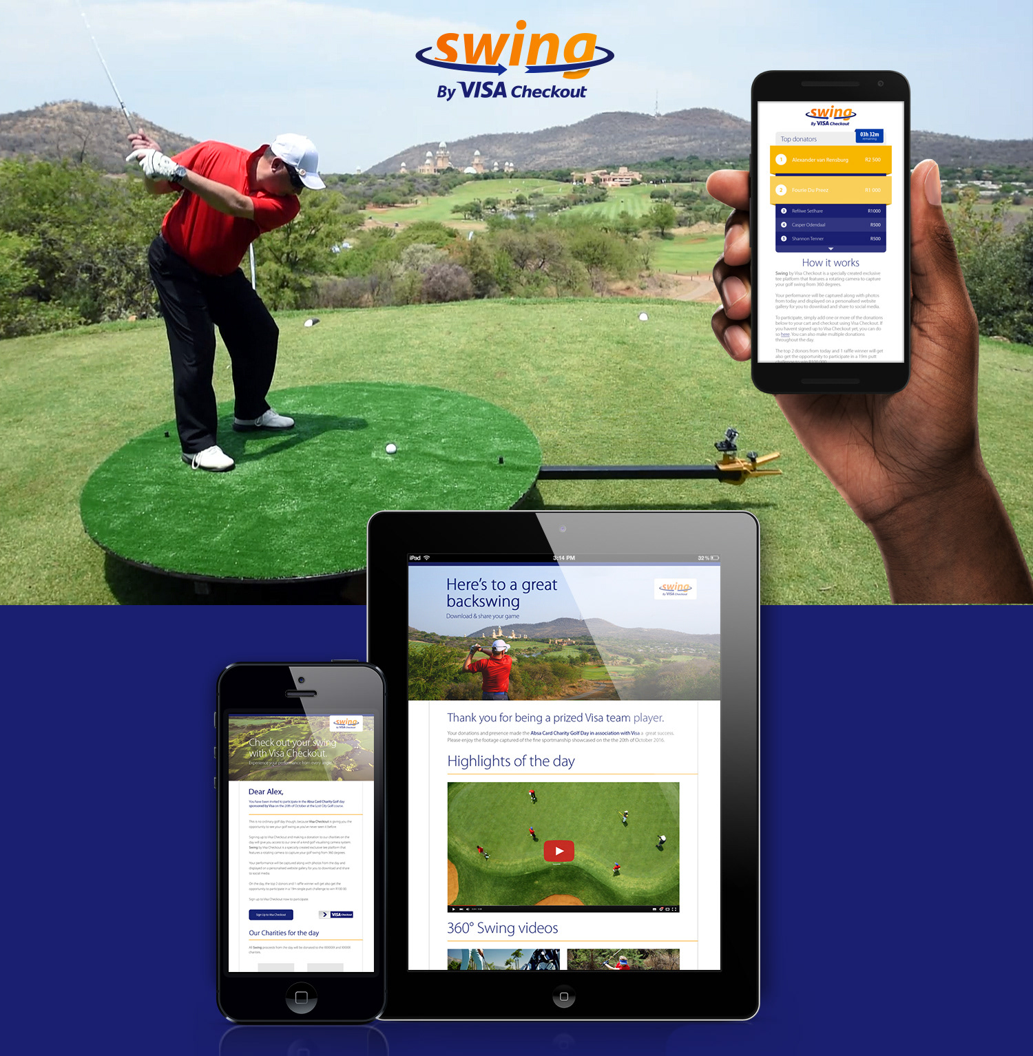 golfer at sun city teeing off and visa swing website on mobile and tablet