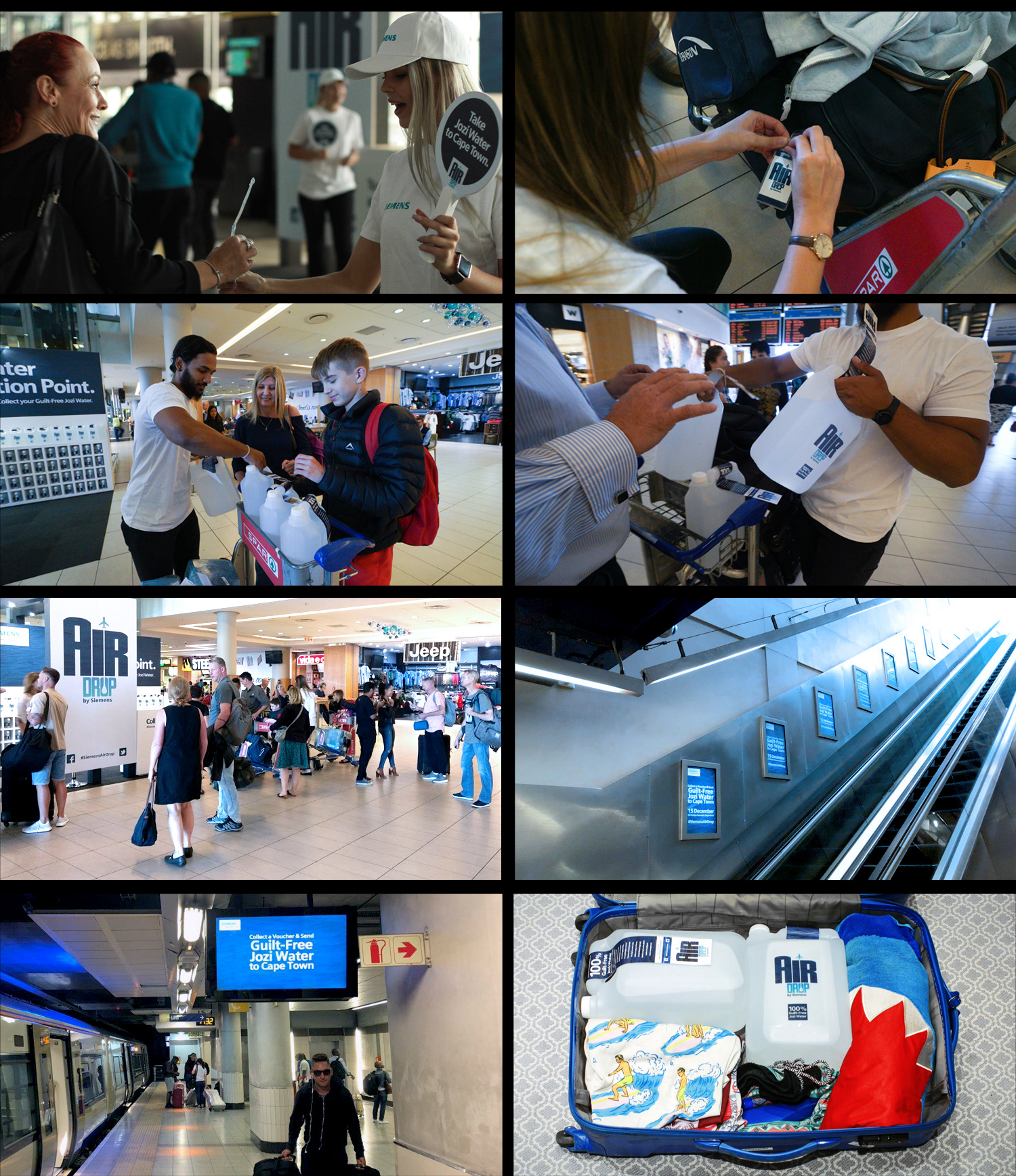 air travellers collecting water from the siemens air drop water collection point at cape town international airport