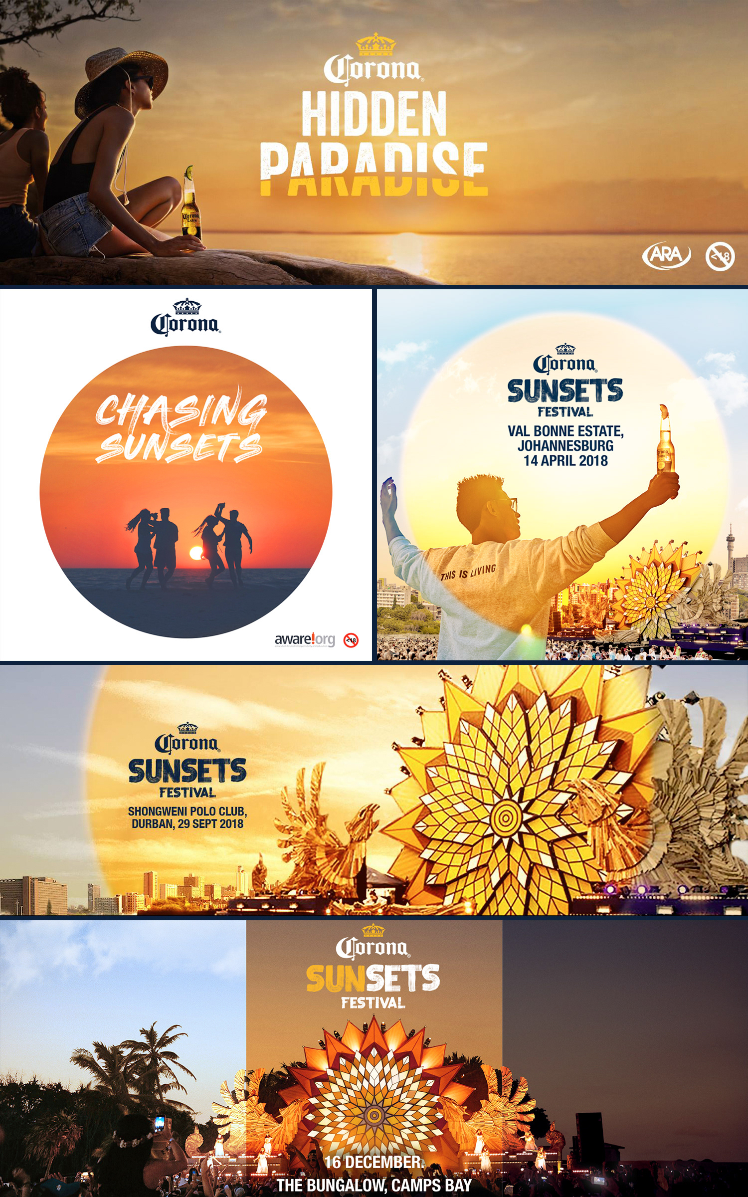 various key visuals showing art direction for corona events in south africa