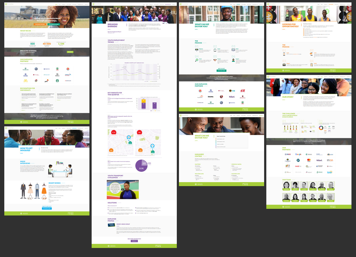 various pages of the harambee website