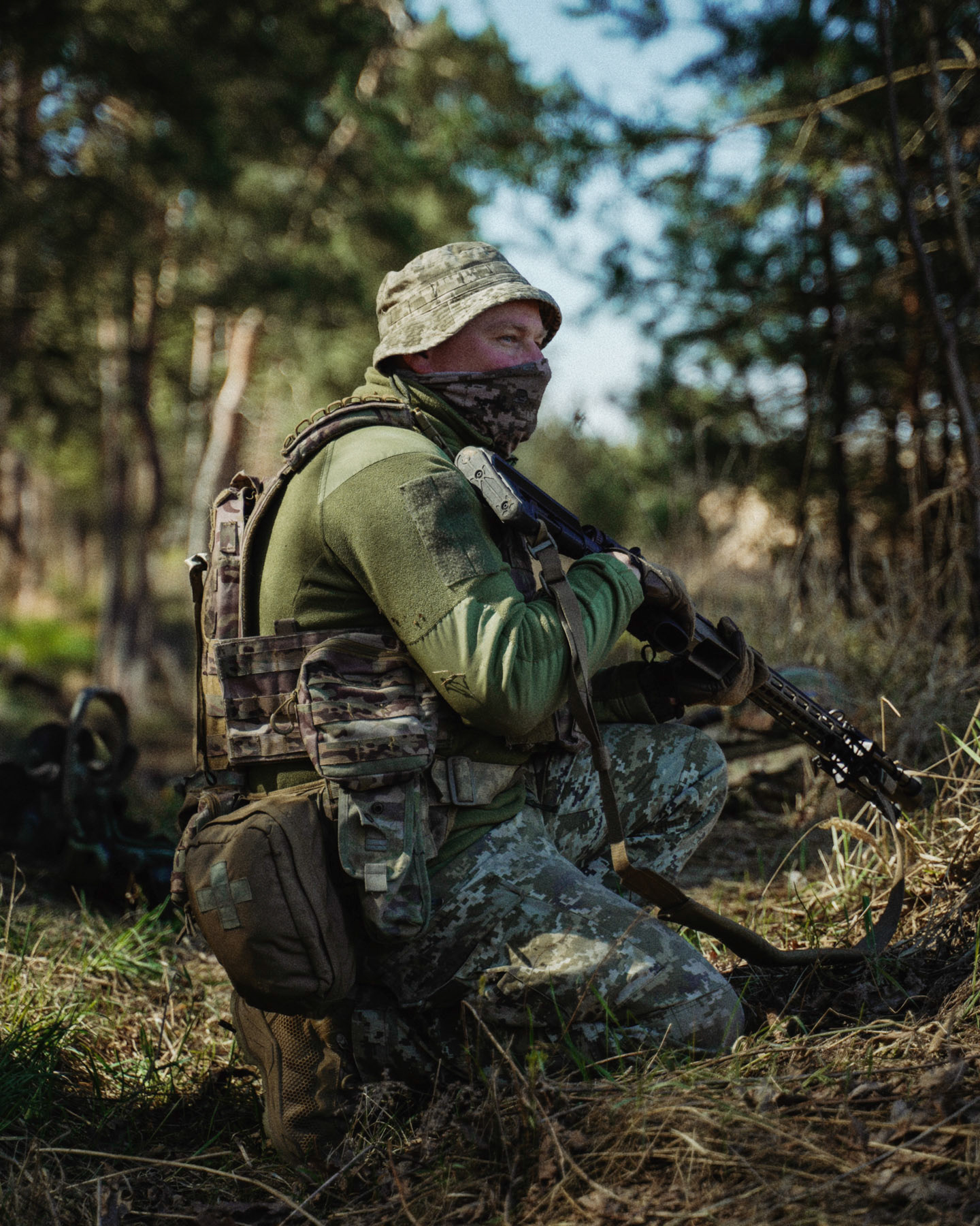 A Ukrainian sniper during military training. Chernihiv Region, Ukraine. April 14, 2025.