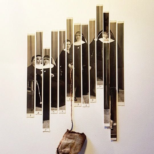 Angela Viola | 1. Happy Family | Heavy secrets 2019, Collage, grafite e bustina da the su carta, cm 29 x 29 x 6