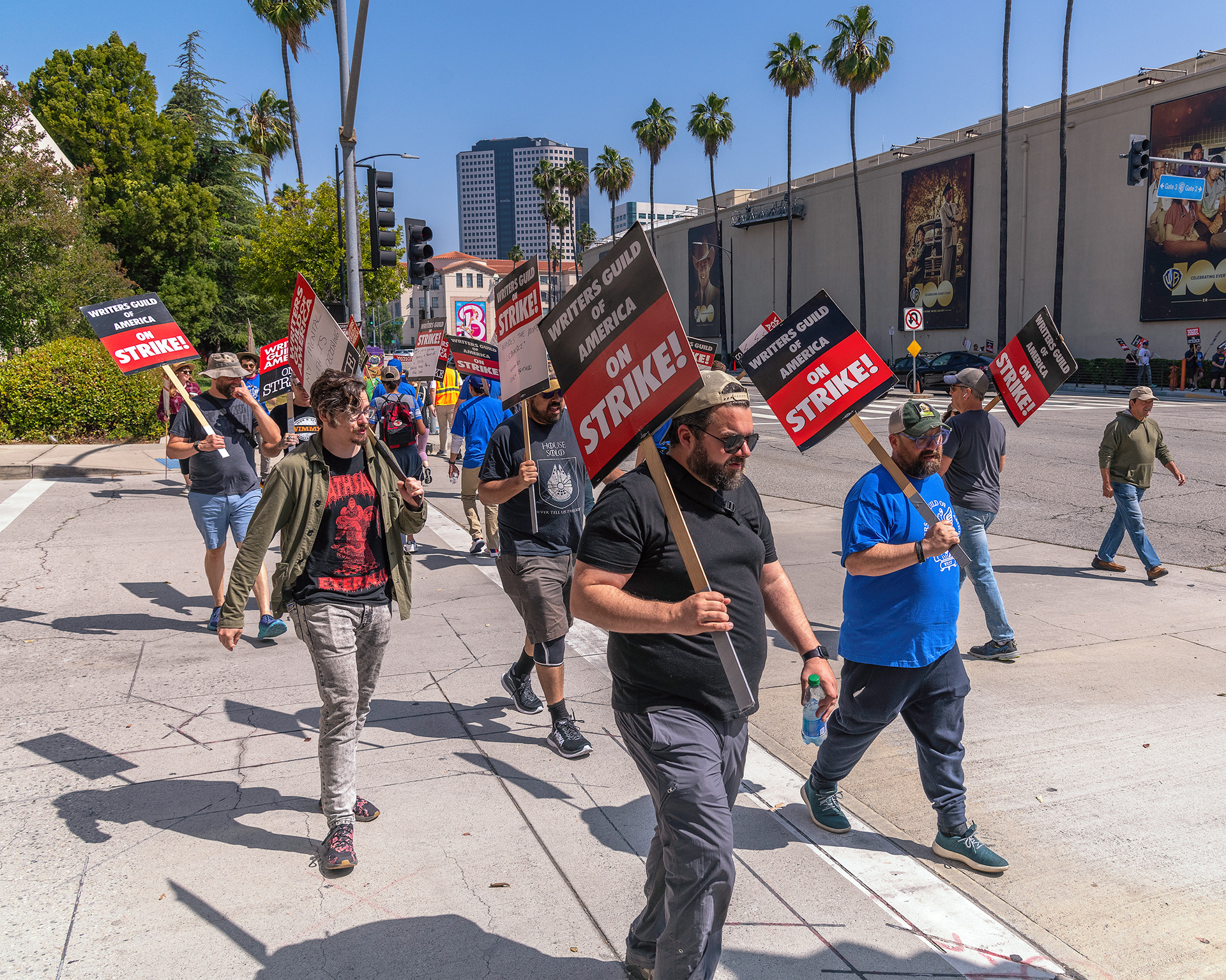 May 17, 2023 - Burbank, CA, USA: Members of the Writers Guild of America strike outside Warner Brothers studio in Burbank, CA.