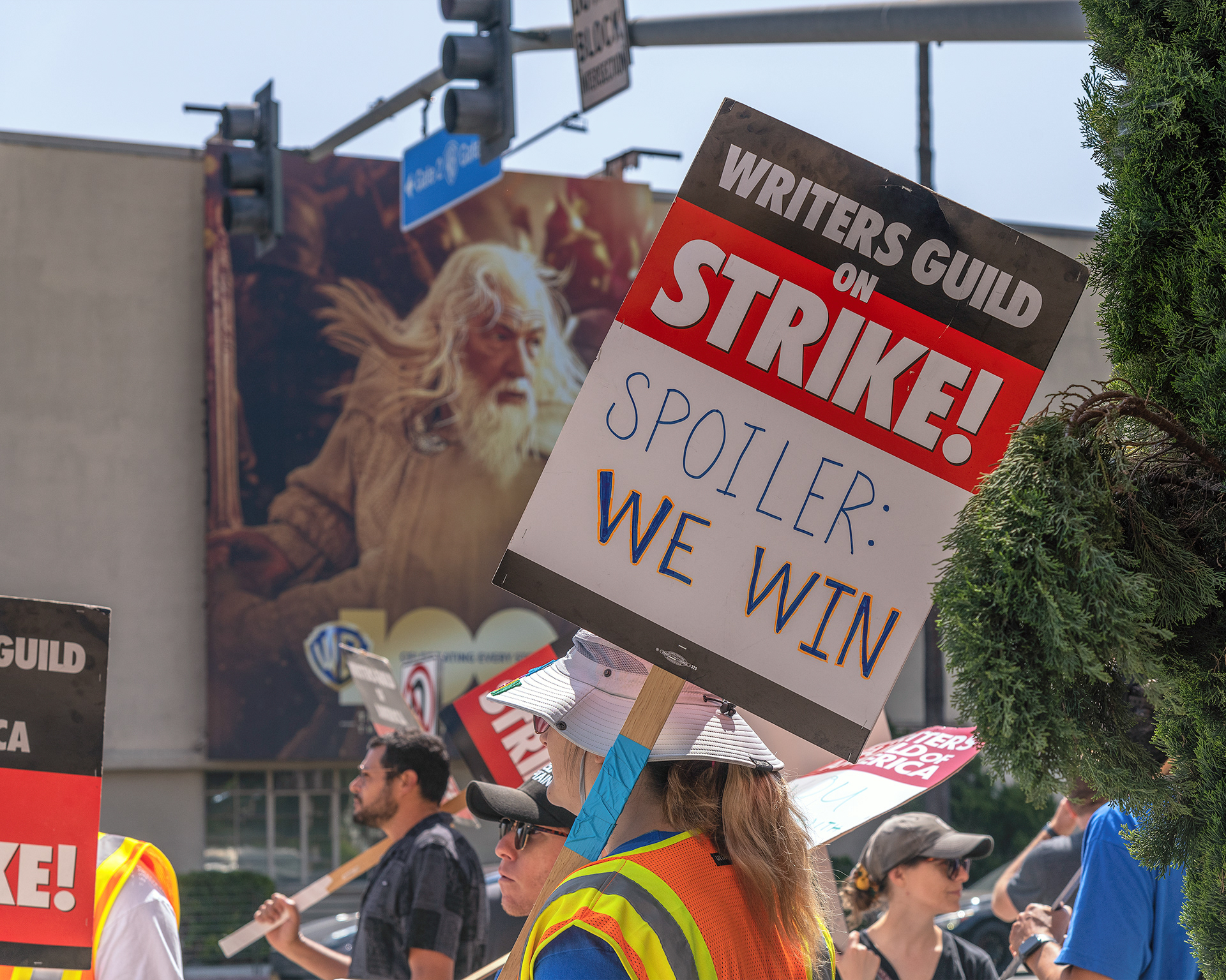 May 17, 2023 - Burbank, CA, USA: Members of the Writers Guild of America strike outside Warner Brothers studio in Burbank, CA.