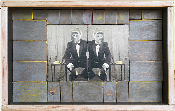 "The Dinner Party" 2016 - 12 1/2" X 19 1/2"- photo mixed media, wood, laser print, wood, acrylic, ape, tuxedo, me