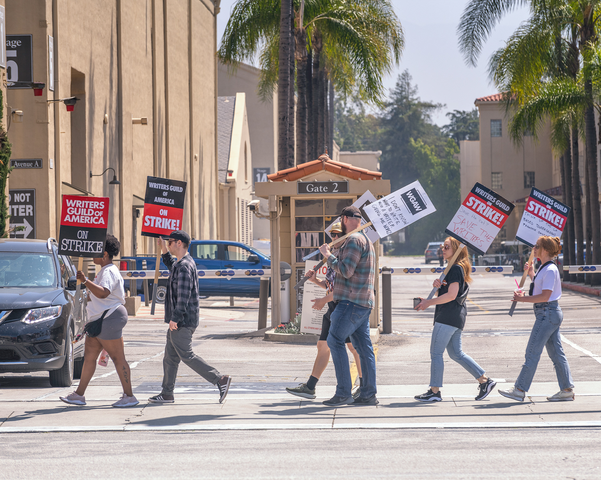 May 17, 2023 - Burbank, CA, USA: Members of the Writers Guild of America strike outside Warner Brothers studio in Burbank, CA.