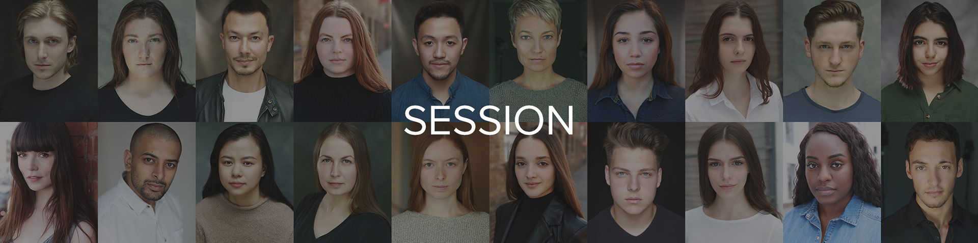 Banner of twenty actors headshots some with studio lights some with natural lights. The word Session is in the middle