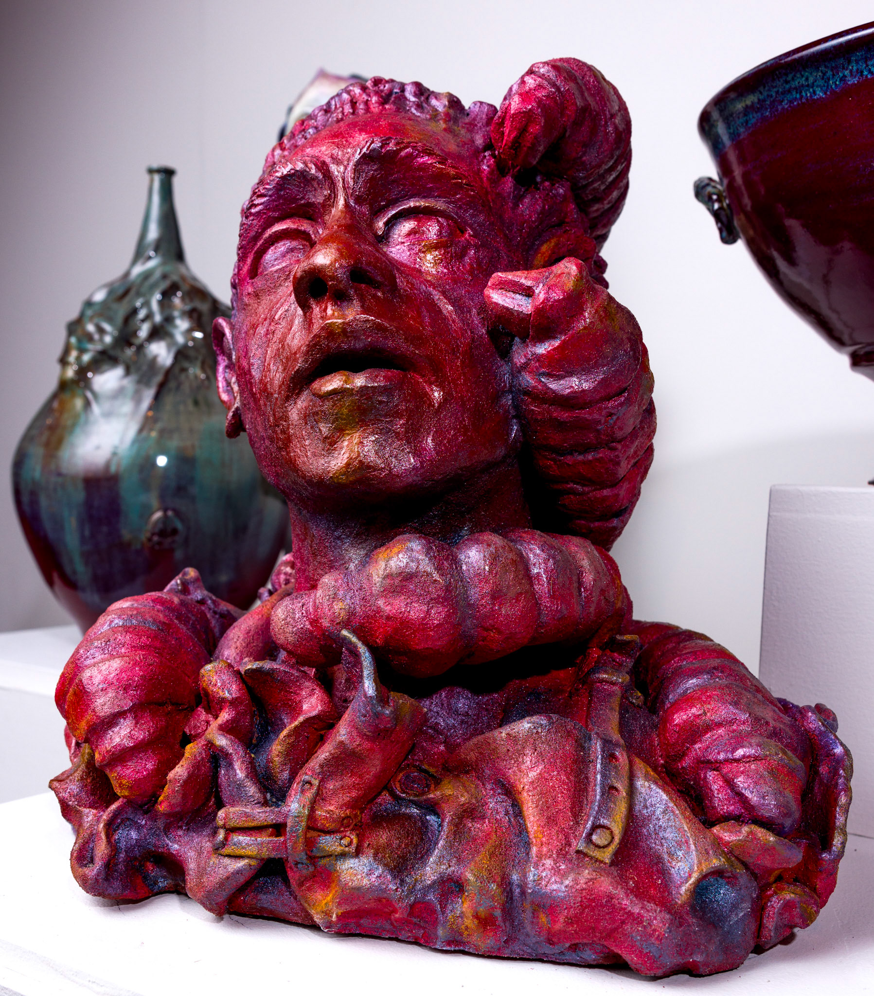 Gan, the Blood Child Terracotta Clay with Acrylic Paint and Wax Patina 19” x 16” x 14” 2024