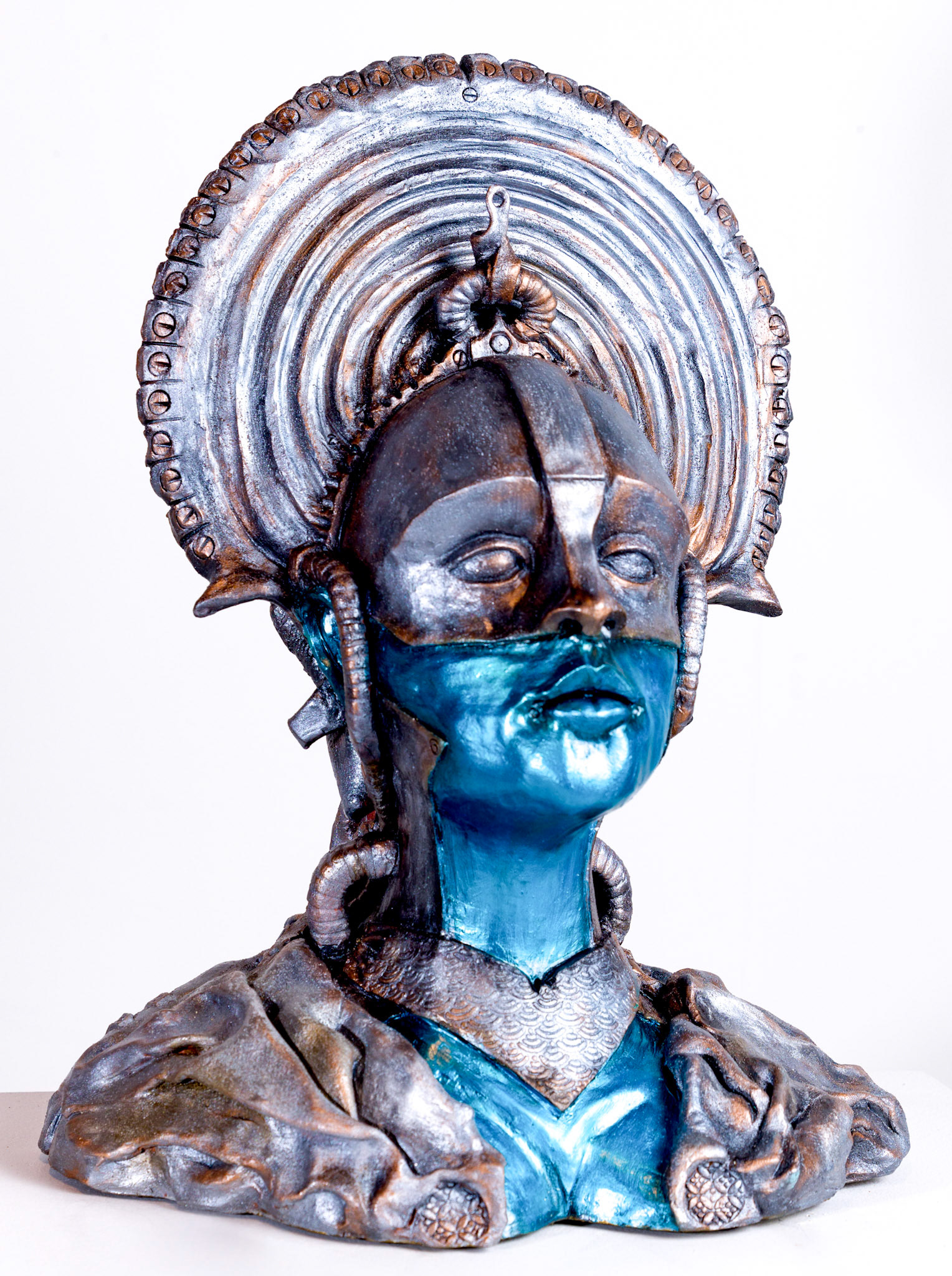 Maria of Two Houses, Stoneware with Acrylic Paint and Wax Patina, 23” x 18” x 20”, 2024