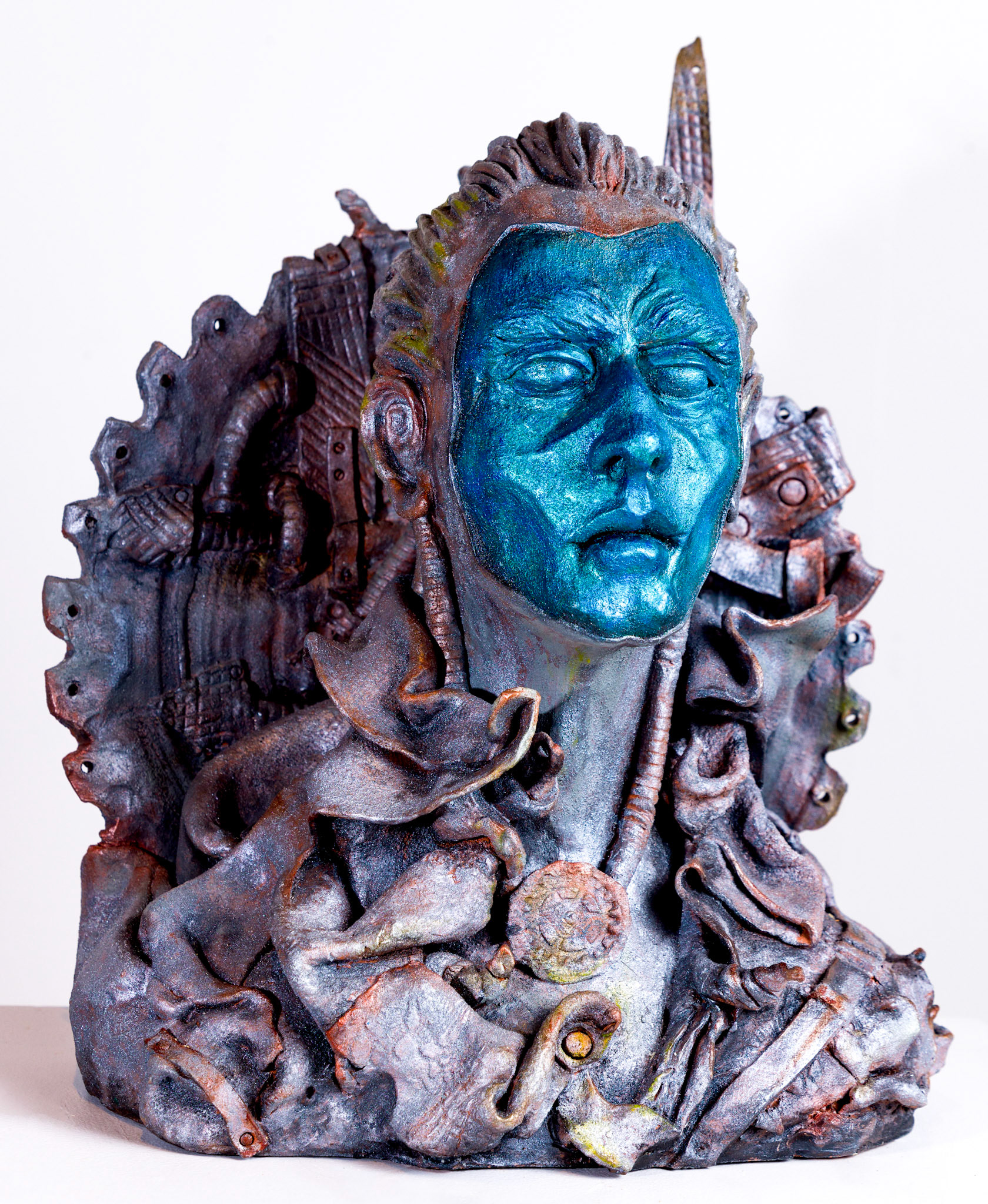 Master of Metropolis, Stoneware Clay with Acrylic Paint and Wax Patina, 28” x 18” x 12”, 2023
