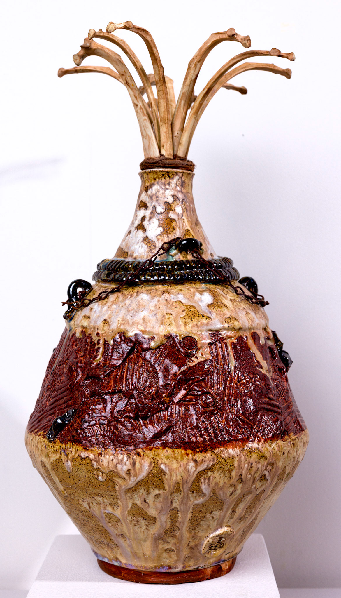 Victors Leyden Vessel, Stoneware Clay with Glaze, Bone and Metal, 21” x 12” x 12”, 2023