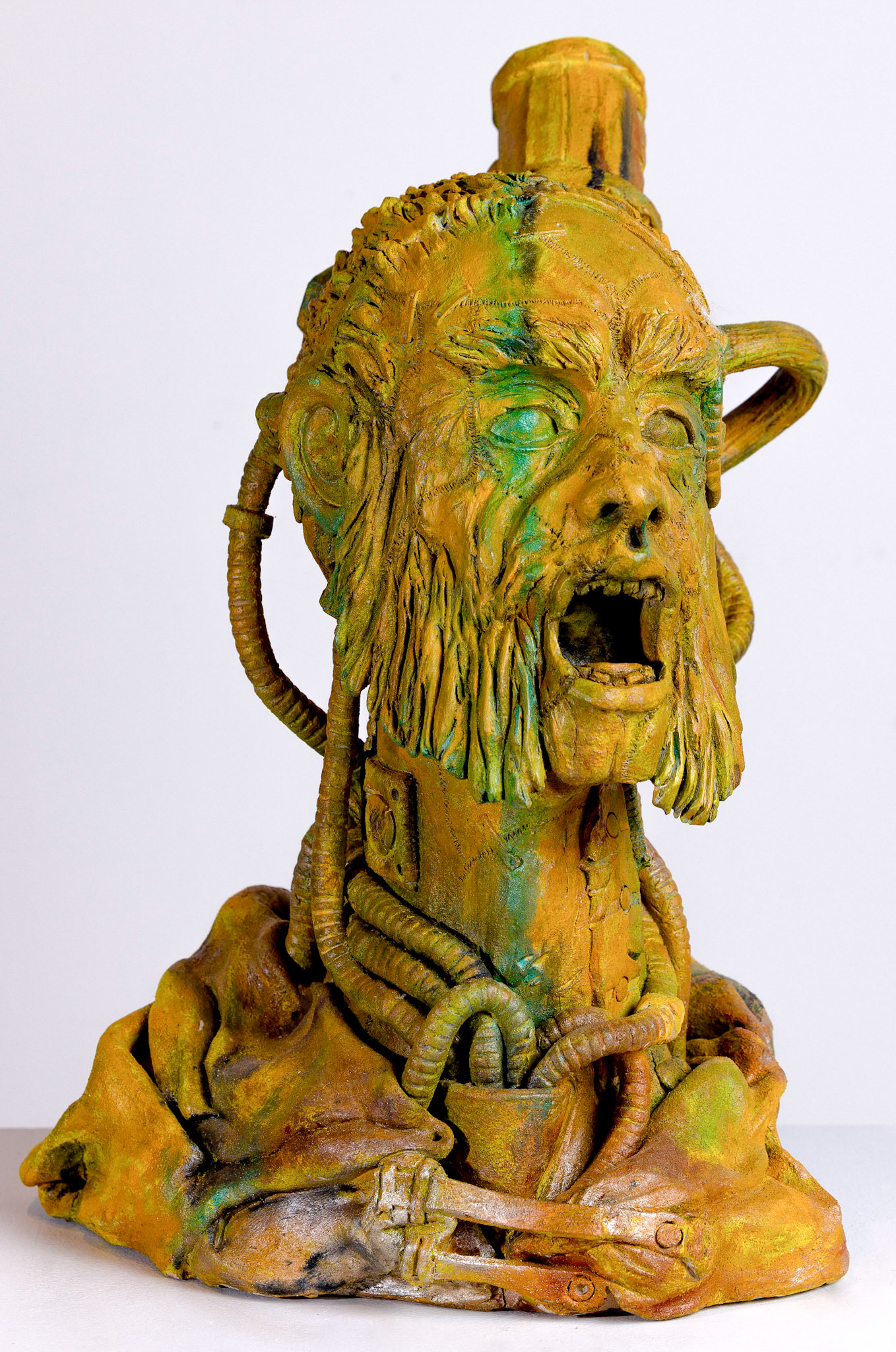 Prometheus, Man's Hubris, Terracotta Clay with Acrylic Paint and Wax Patina, 19” x 16” x 14”, 2023