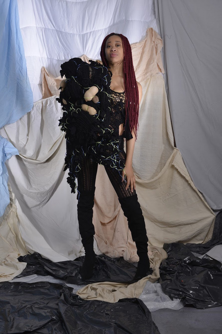 Soho Nights constructed look, headpiece and bodice made from crocheted shredded tights, poly fill and neon cording.
