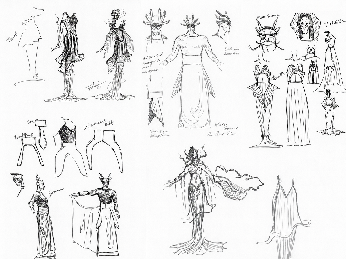 Concept sketches inspired by Dvorjak's opera Rusalka, pencil and pen