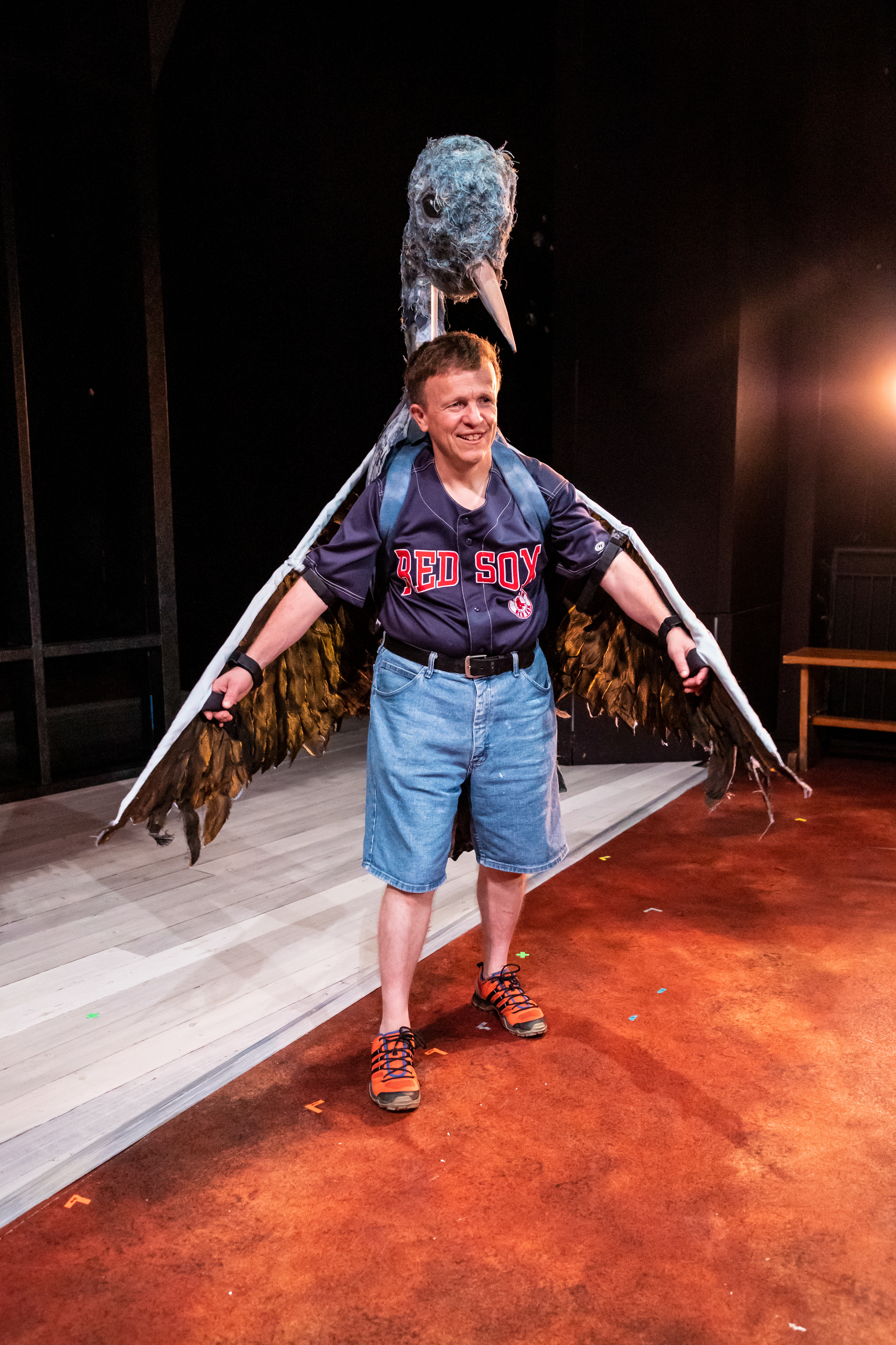 The Blue Bird puppet, co-created with costume design intern Noelle Cremer (@no_more_cherry), worn by Eric Wilson in Community Works production of Summer's Soldier. Williamstown Theatre Festival, 2019. Photo by Joseph O'Malley. 