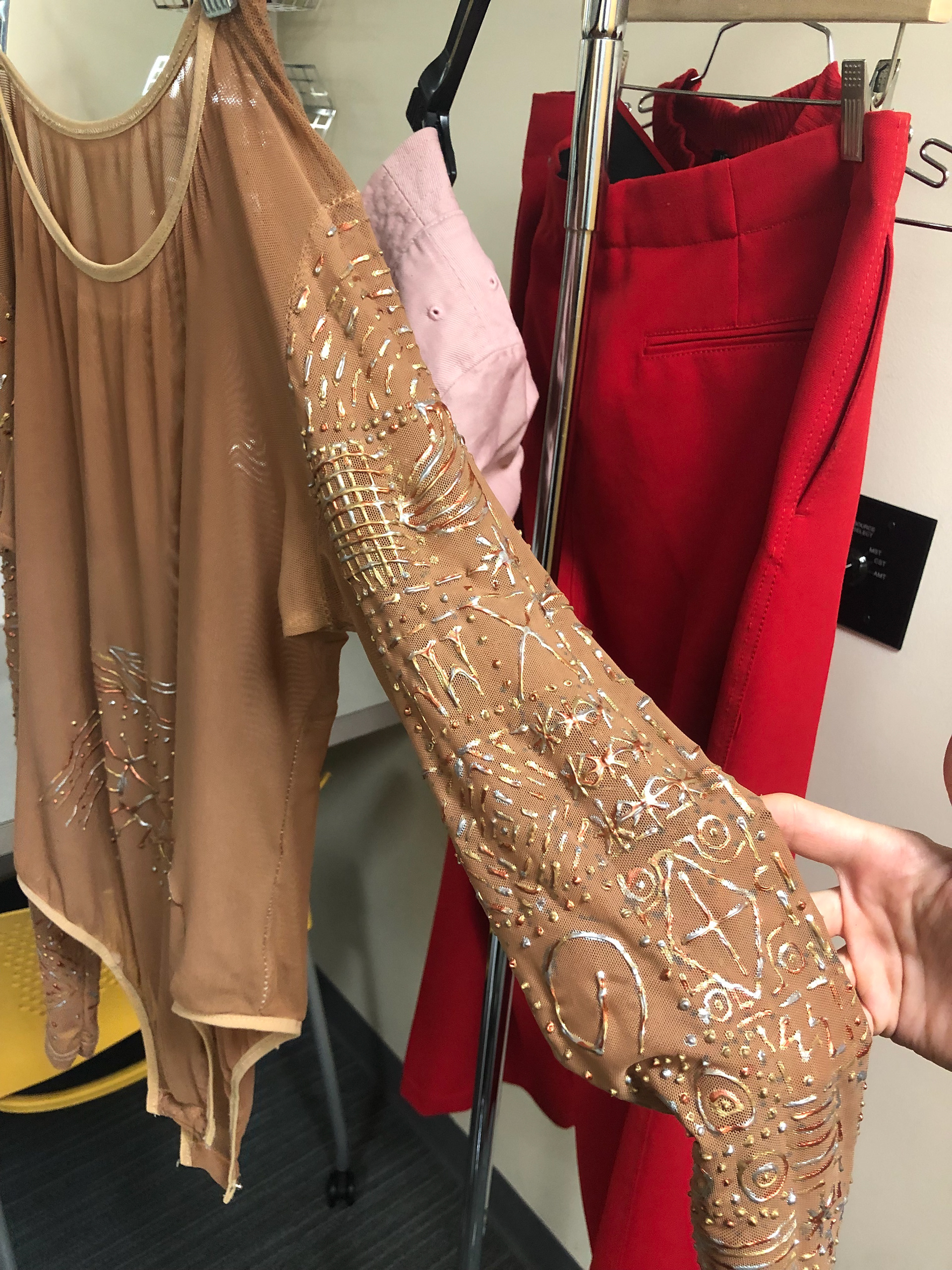 The golden scarring bodysuit worn by Sharina Martin in Black Moon Lilith. Williamstown Theatre Festival. Costume design by Ari Fulton, photo by Joseph O’Malley, 2021