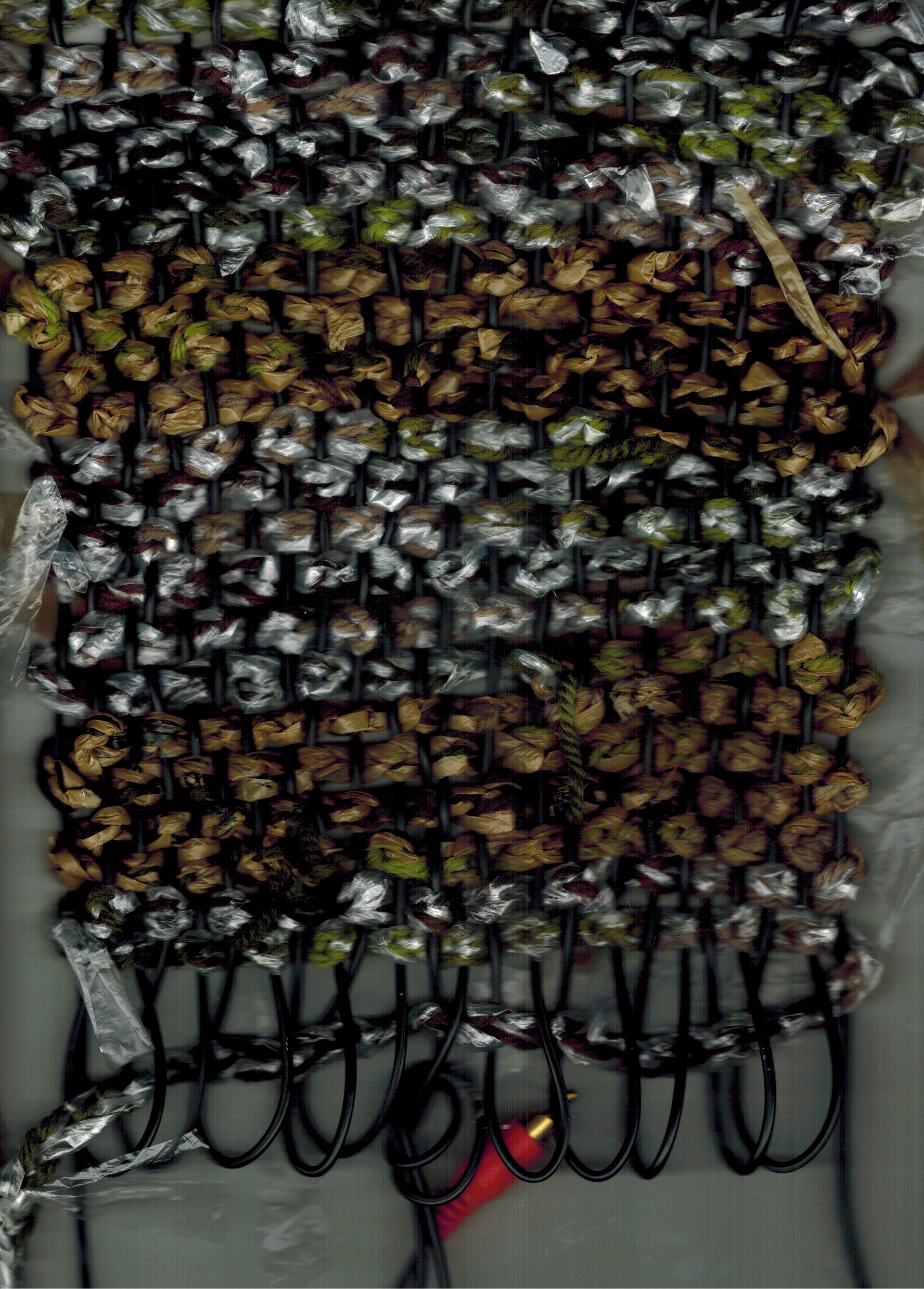 Up-cycled textile for Punktale, shredded plastic bags, yarn, tv cables, 2018