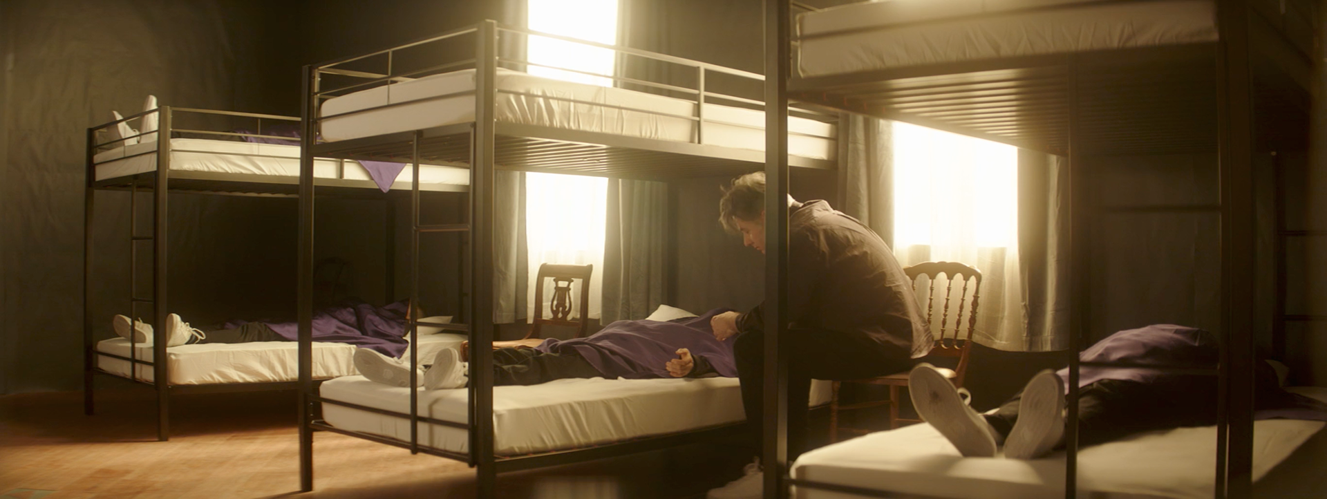 The farewell. Production shot of The Two based on the Heaven's Gate cult, dir. by Jairo Garcia, DP Derrick Chen, 2019. Featuring T.Martin as Leo