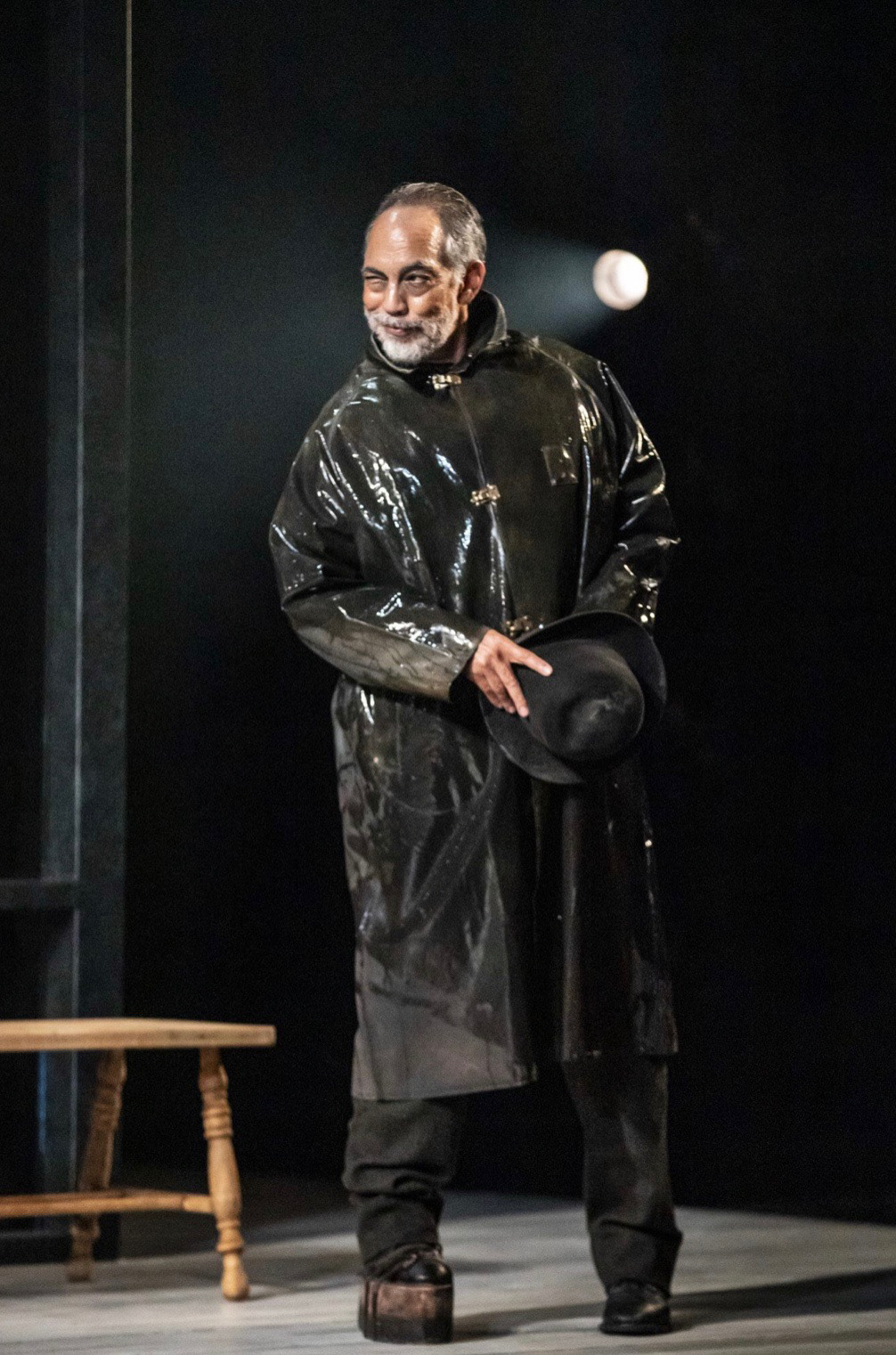"Wet" coat and prosthetic boot worn by Thom Sesma in Ghosts. Williamstown Theatre Festival, 2019. Costume design by D. Laffrey. Photo by Joseph O’Malley